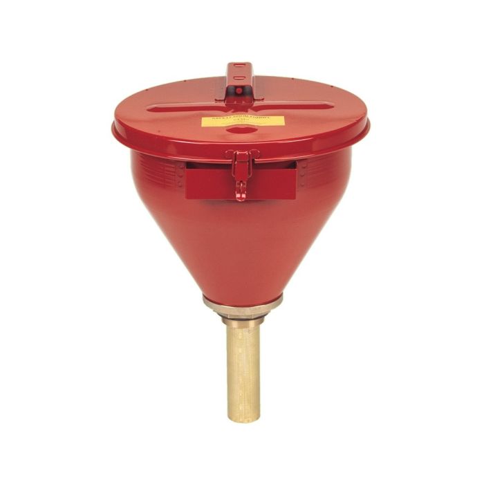 Justrite Large Steel Drum Funnel for flammables with 6" Flame Arrester and self-closing cover, 2" bung