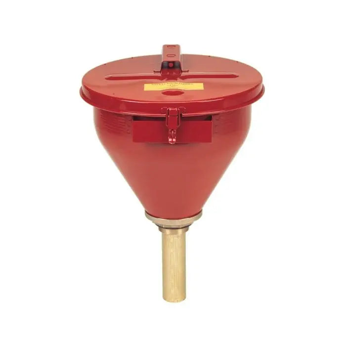 Justrite Large Steel Drum Funnel for flammables with 6" Flame Arrester and self-closing cover, 2" bung