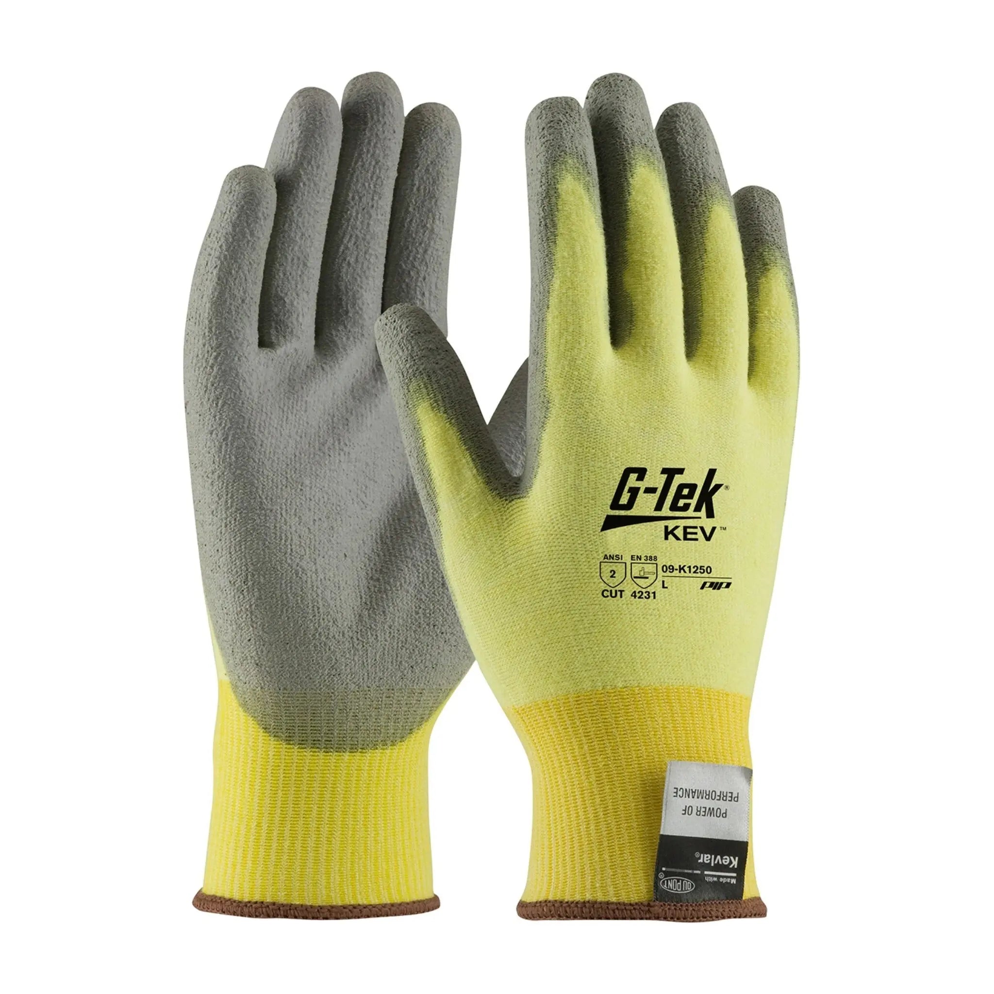 PIP G-Tek KEV 09-K1250V Seamless Knit DuPont Kevlar/Elastane Glove with Polyurethane Coated Flat Grip Work Gloves, Vend Ready_Main_Image