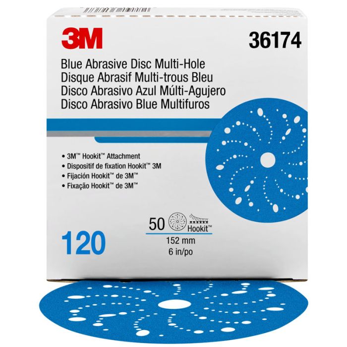 3M™ Hookit™ Blue Abrasive Disc Multi-hole, 36174, 6 in, 120 grade, 50 discs per carton, 4 cartons per case