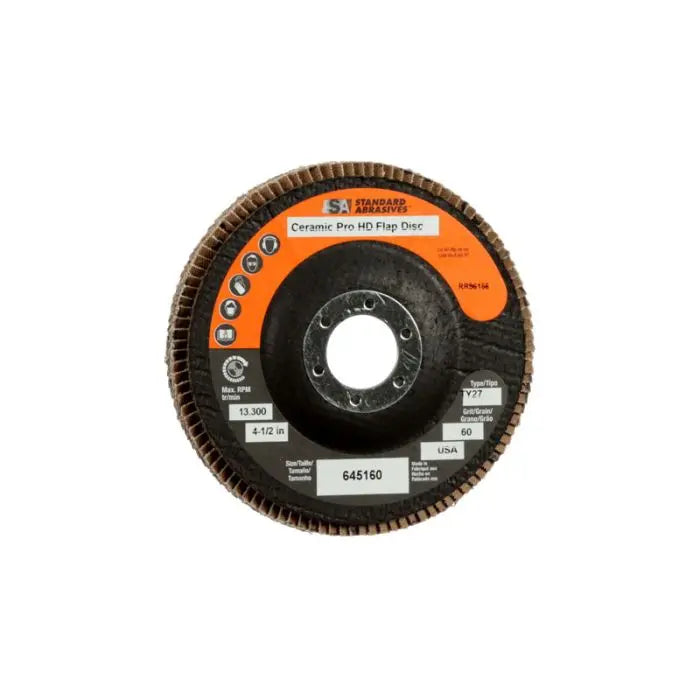 Standard Abrasives™ Ceramic Pro Type 27 High Density Flap Disc 645159, 4 1/2 in x 7/8 40 Y-weight, Case of 250