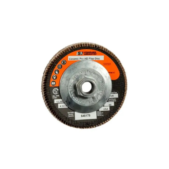 Standard Abrasives™ Ceramic Pro Type 29 High Density Flap Disc 645183, 4 1/2 in x 7/8 40 Y-weight, 10 per case