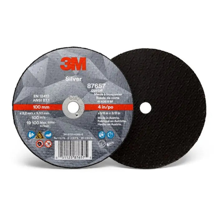 3M™ Silver Cut-Off Wheel, 87657, T1, 4 in x 1/8 in x 3/8 in, 25 per inner, 50 per case