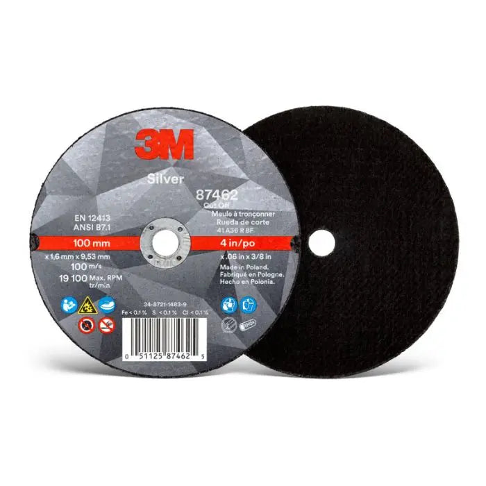 3M™ Silver Cut-Off Wheel, 87462, T1, 4 in x .060 in x 3/8 in, 25 per inner 50 per case