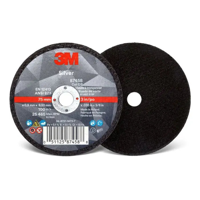 3M™ Silver Cut-Off Wheel, 87458, T1, 3 in x .035 in x 3/8 in, 25 per inner 50 per case