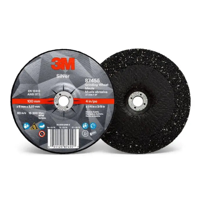 3M™ Silver Depressed Center Grinding Wheel, 87455, T27, 4 in x 1/4 in x 3/8 in, 10 per inner, 20 per case