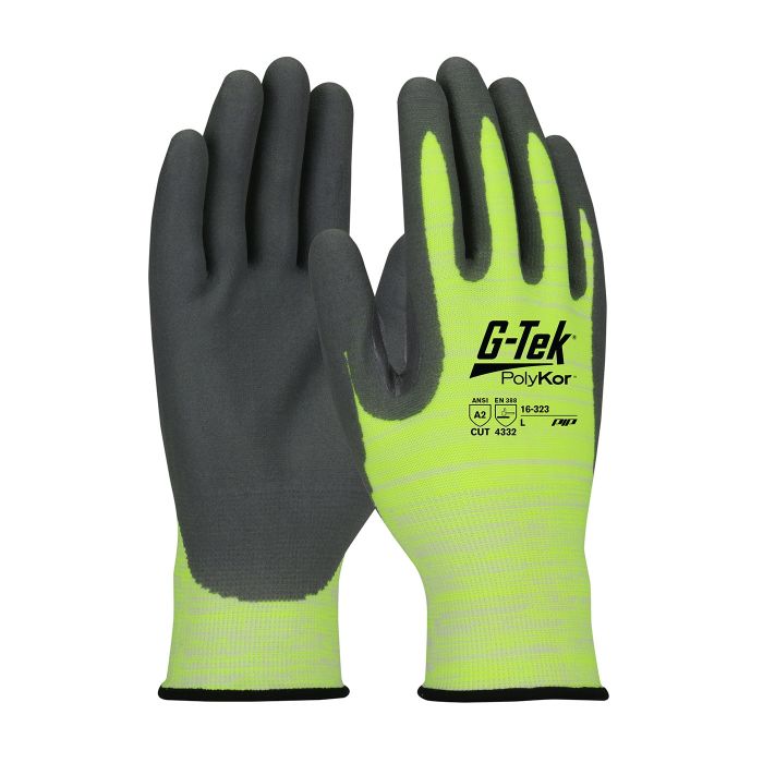 PIP G-Tek 16-323-L PolyKor Hi Vis Seamless Knit Blended Glove with Nitrile Coated Foam Grip, Hi-Vis Yellow, Large, Case of 72