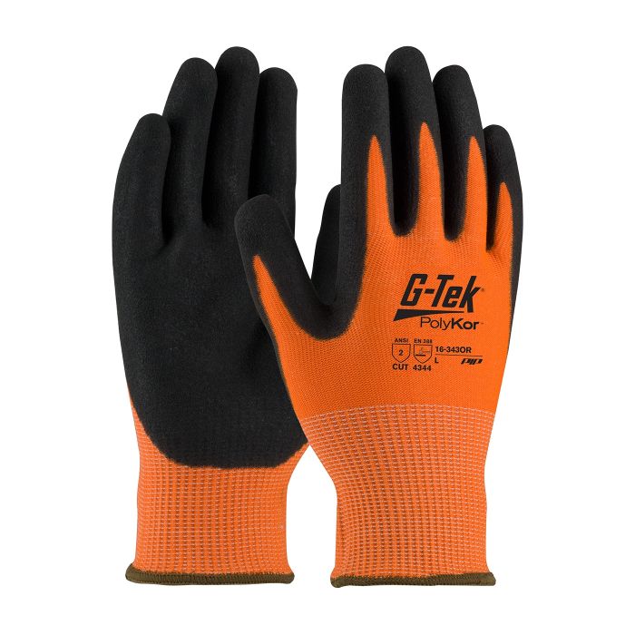 PIP 16-343OR/L G-Tek Hi Vis Seamless Knit PolyKor Blended Glove with Nitrile Coated MicroSurface Grip on Palm & Fingers Large 6 DZ