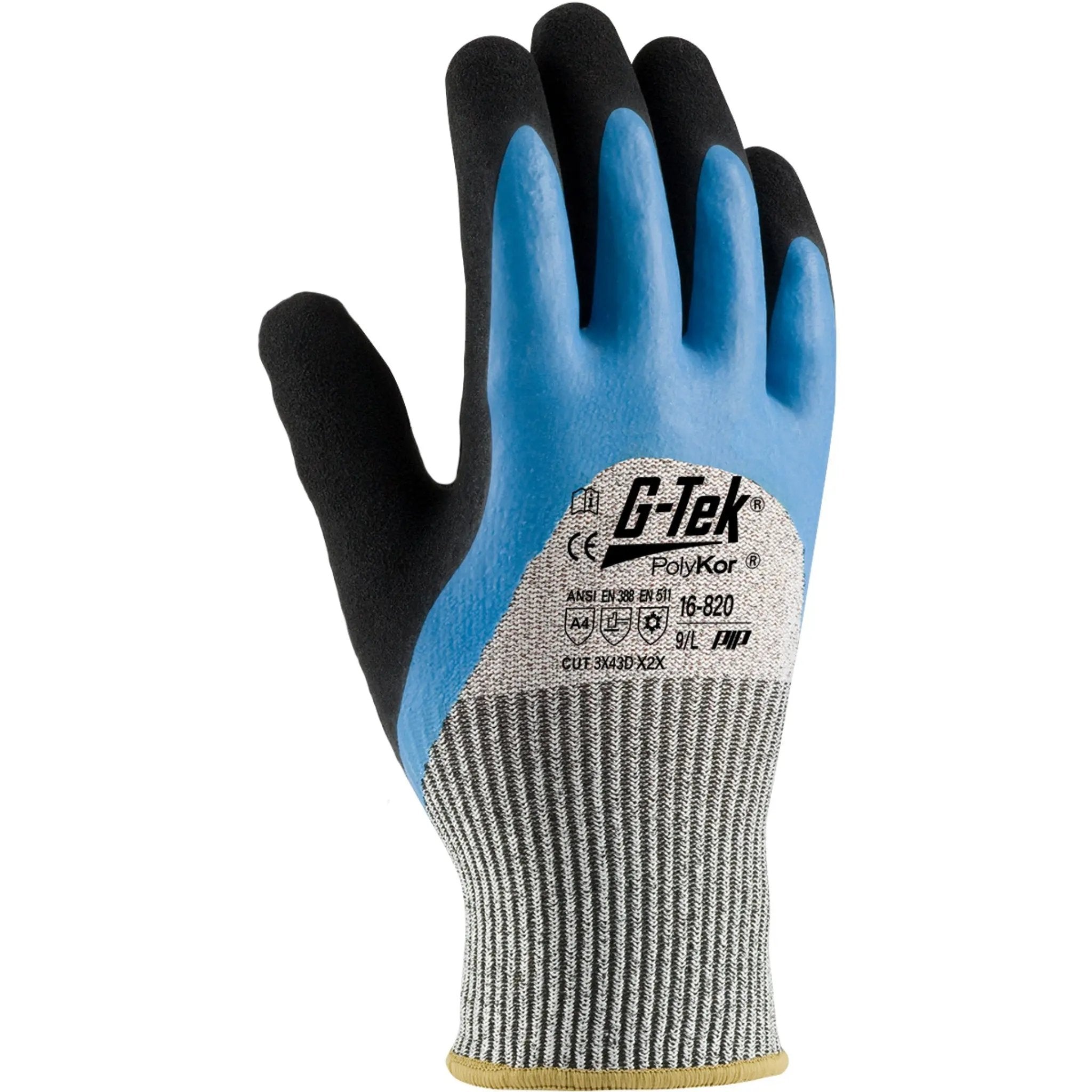 PIP G-Tek 16-820 CR Seamless Knit HPPE / Glass Glove with Acrylic Lining and Double-Dipped Latex Coated Micro-Surface Grip on Palm Fingers & Knuckles_Back_Image