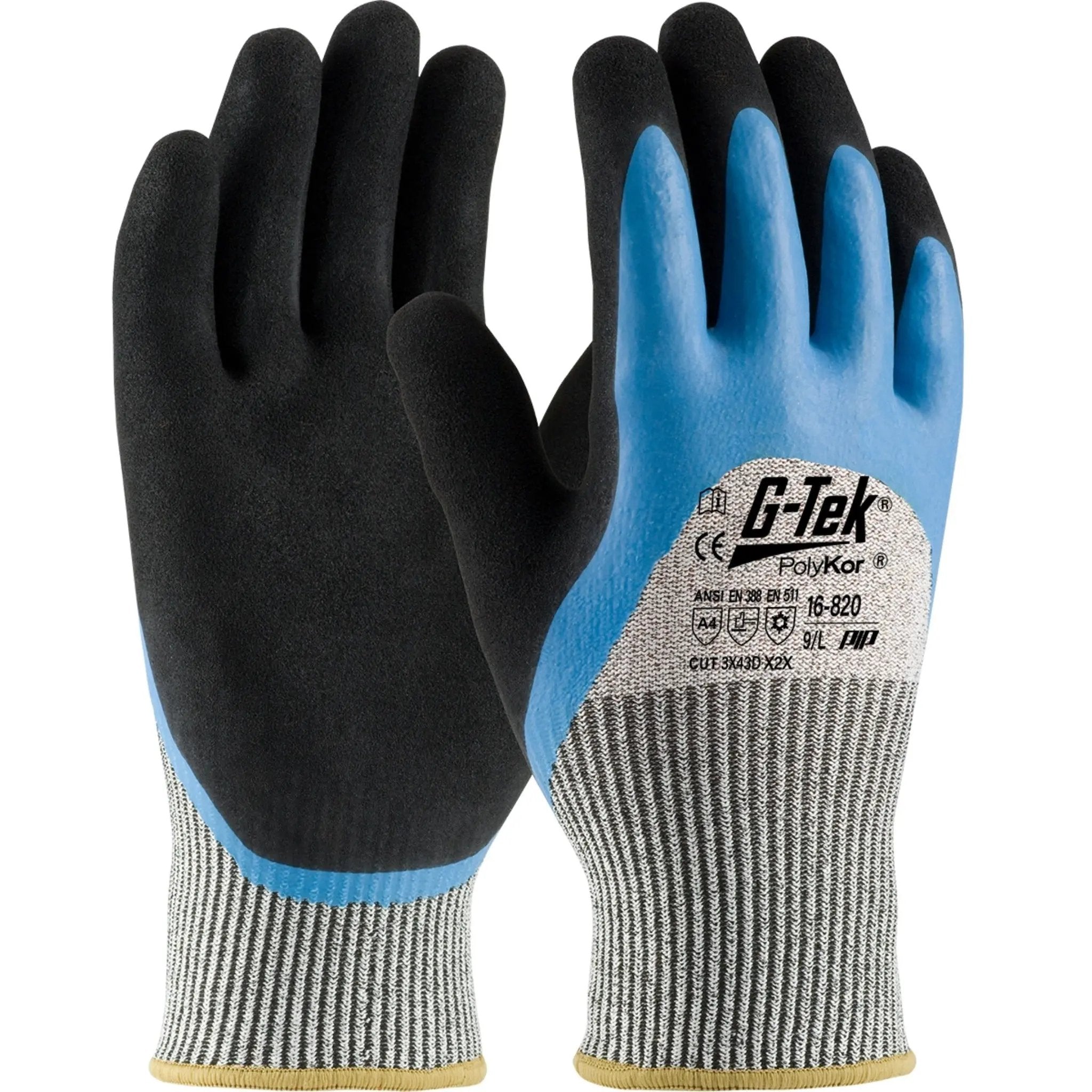 PIP G-Tek 16-820 CR Seamless Knit HPPE / Glass Glove with Acrylic Lining and Double-Dipped Latex Coated Micro-Surface Grip on Palm Fingers & Knuckles_Main_Image