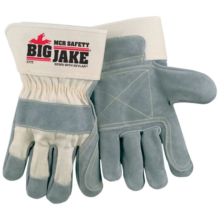 MCR Safety MCR Big Jake 1711-XL Premium A Side Leather Work Gloves, 2.75 Inch Safety Cuff and Double Palm, Sewn with DuPont, Kevlar, Gray, X-Large, Box of 12 Pairs