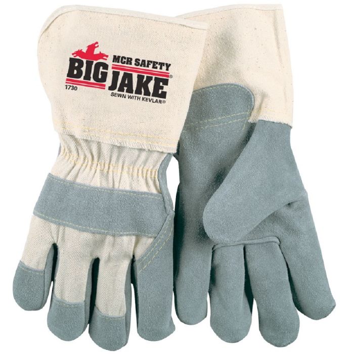 MCR Safety Big Jake 1730 Premium A Side Leather Work Gloves, 4.5 Inch Gauntlet Duck Cuff, Sewn with DuPont, Kevlar, Gray, Box of 12 Pairs