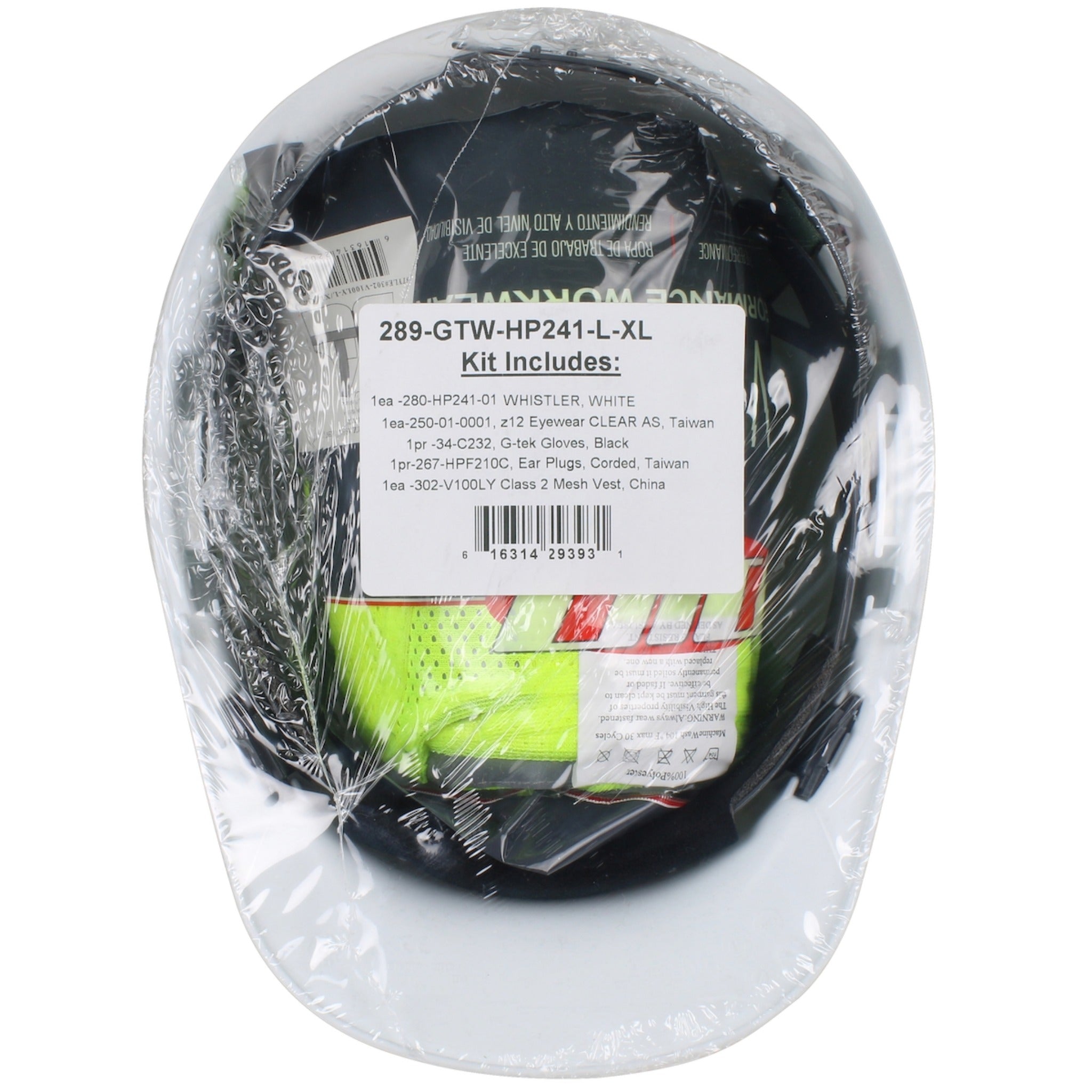 PIP Whistler 289-GTW-HP241 Pre-Packed PPE Kit, HP241 Hat, Safety Eyewear, Earplugs, Gloves and Vest_Inside