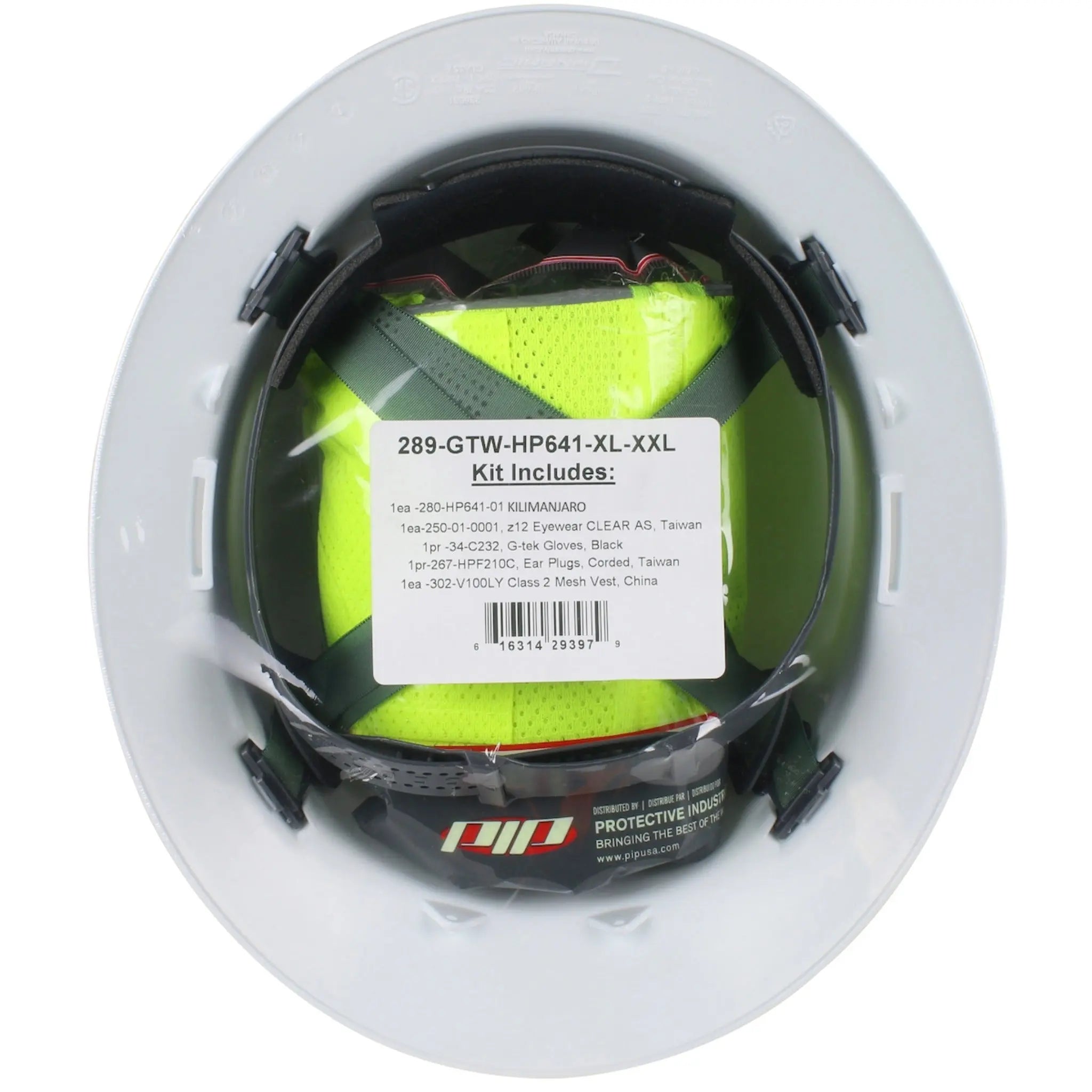PIP Kilimanjaro 289-GTW-HP641 Pre-Packed PPE Kit, HP641 Full Brim Hat, Safety Eyewear, Earplugs, Gloves and Vest_Inside