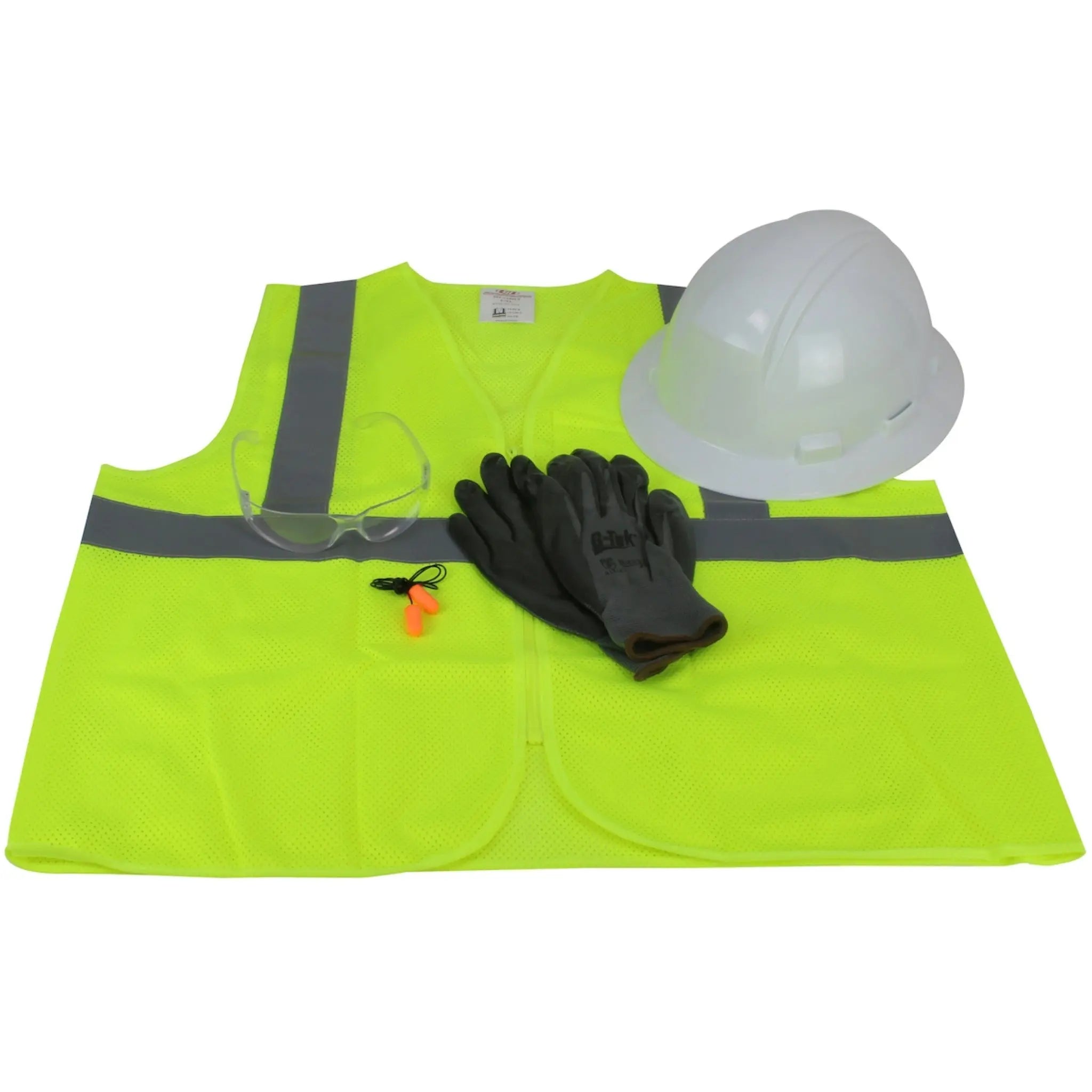 PIP Kilimanjaro 289-GTW-HP641 Pre-Packed PPE Kit, HP641 Full Brim Hat, Safety Eyewear, Earplugs, Gloves and Vest_Layed_Out