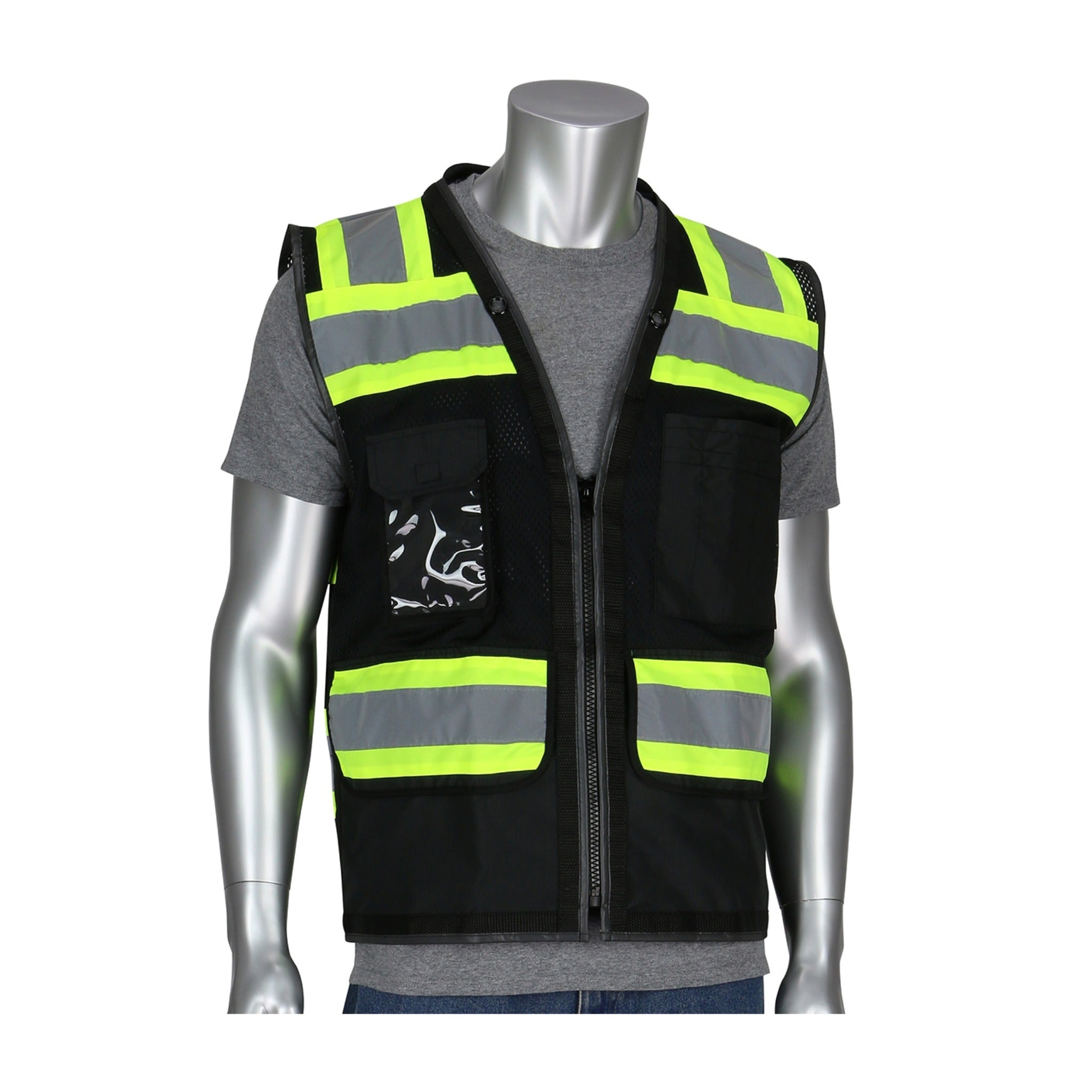 PIP 302-0800D-BK ANSI Type O Class 1 Black Two-Tone Eleven Pocket Tech-Ready Mesh Surveyors Vest, Black, 1 Each