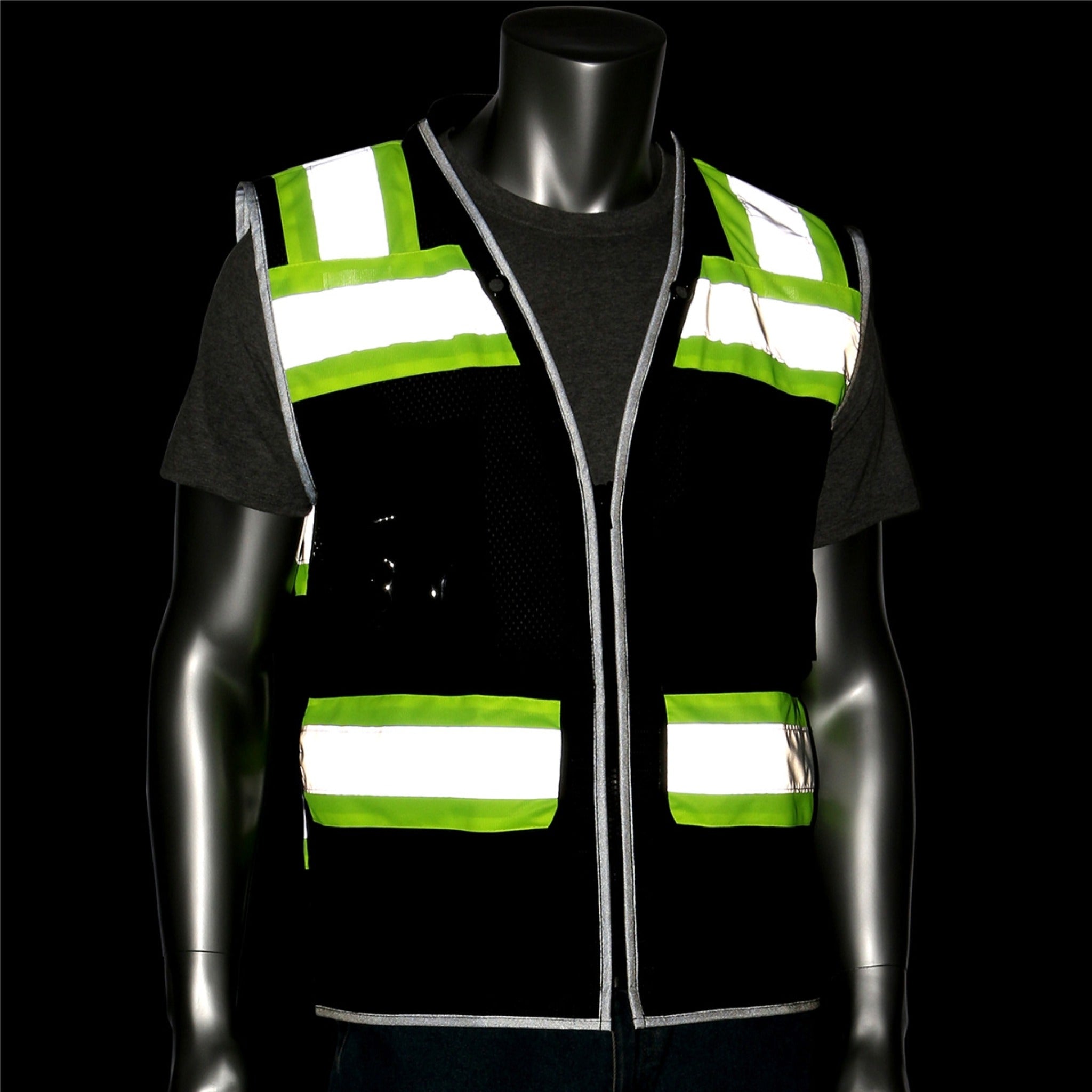 PIP 302-0800D-BK ANSI Type O Class 1 Black Two-Tone Eleven Pocket Tech-Ready Mesh Surveyors Vest, Black, 1 Each