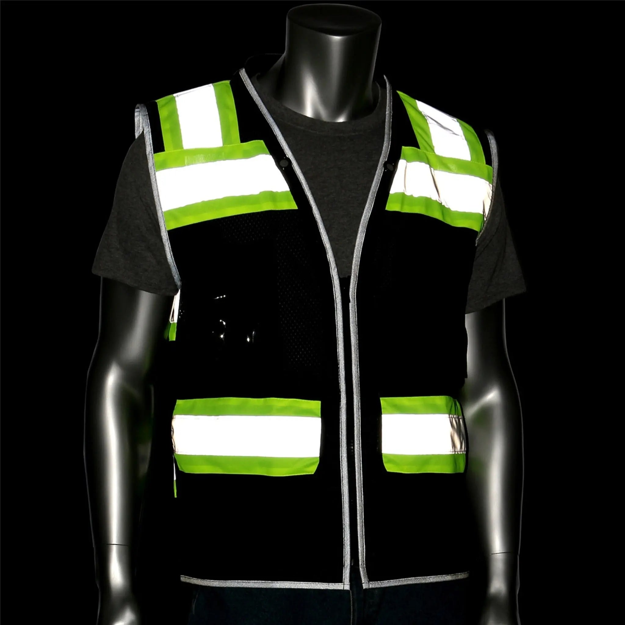 PIP 302-0800D-BK ANSI Type O Class 1 Black Two-Tone Eleven Pocket Tech-Ready Mesh Surveyors Vest, Black, 1 Each