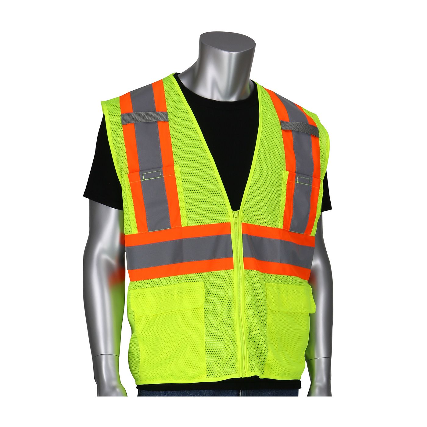PIP ANSI Type R Class 2 Two Tone Six Pocket Mesh Polyester Safety Vest Zipper closure Small 50 / Box