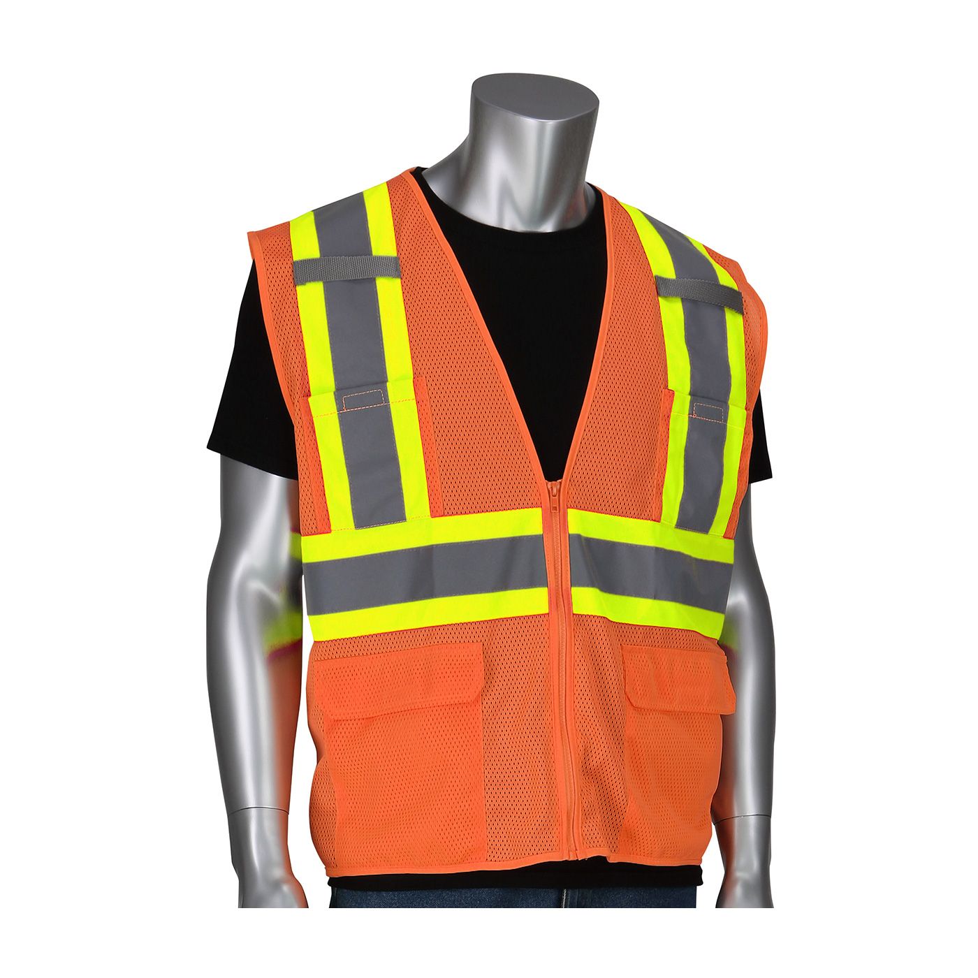 PIP ANSI Type R Class 2 Two Tone Six Pocket Mesh Polyester Safety Vest Zipper closure Small 50 / Box