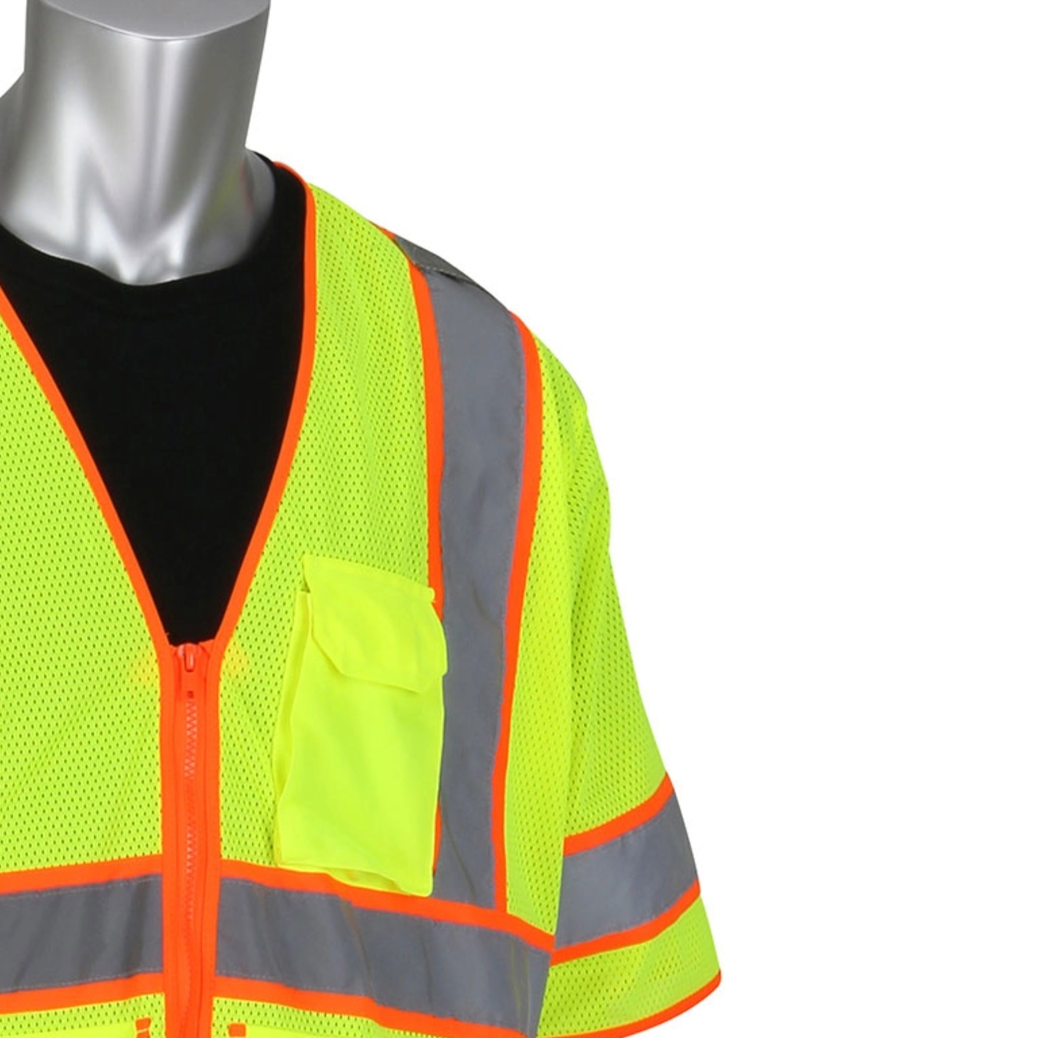 PIP 305-SVZSE-LY ANSI Type R Class 3 Self Extinguishing Two-Tone Mesh Surveyors Vest_Top_Left