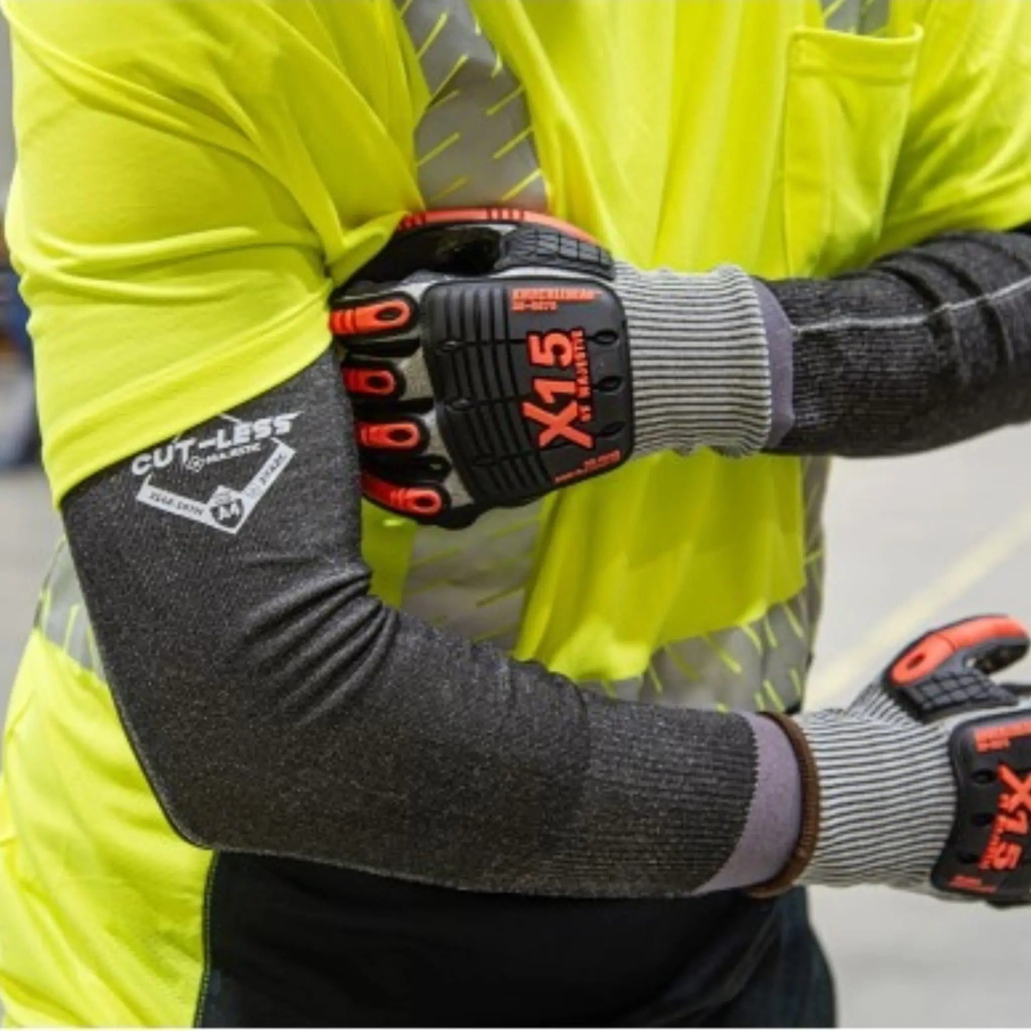 MAJESTIC GLOVE 3142-18 Hi-Vis Cut-Less Korplex Cut Resistant Sleeves w/ Thumb Hole-Model-2