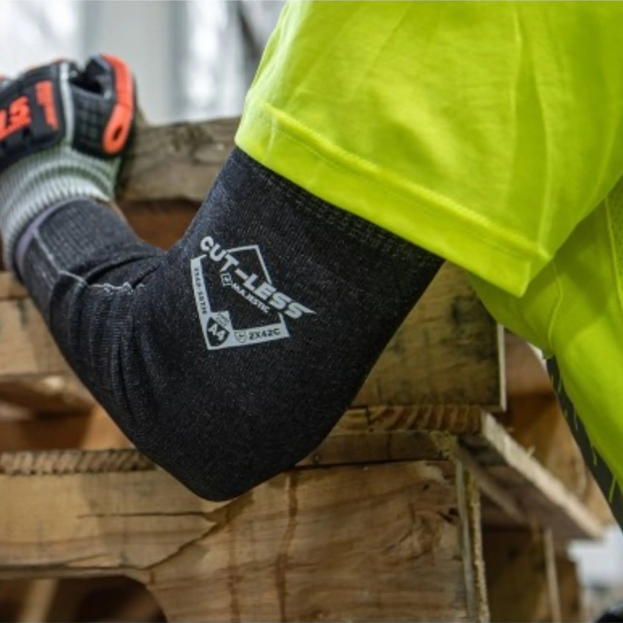 MAJESTIC GLOVE 3142-18 Hi-Vis Cut-Less Korplex Cut Resistant Sleeves w/ Thumb Hole-Model-4