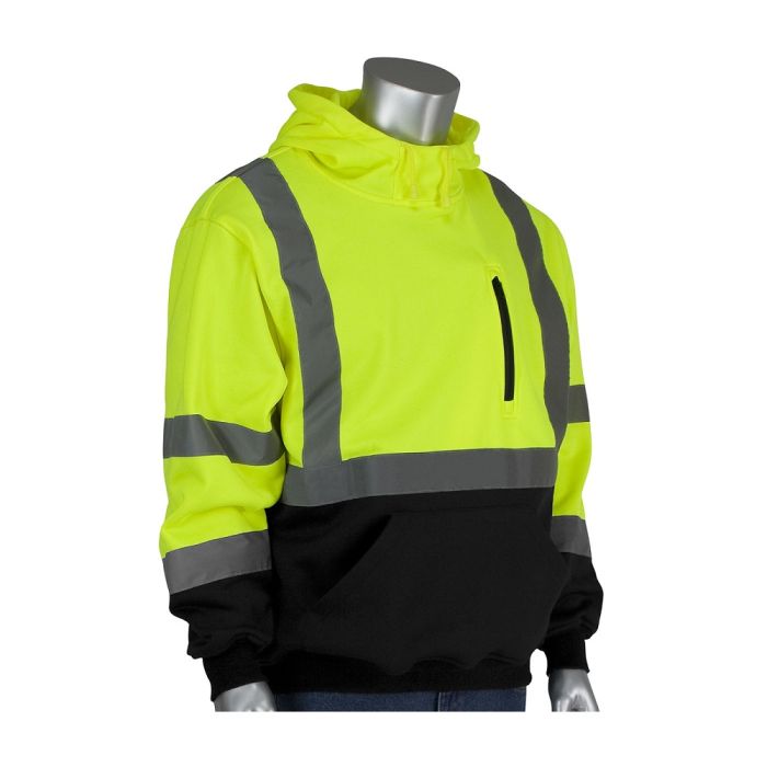 PIP 323-1350B-LY ANSI Type R Class 3 Hooded Pullover Sweatshirt with Black Bottom, Hi Vis Yellow, 1 Each
