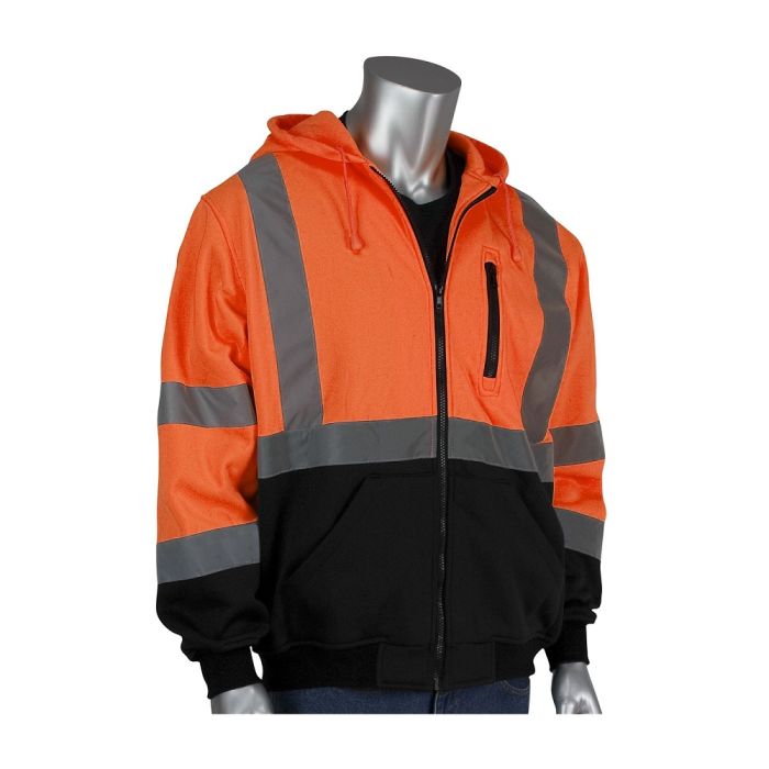 PIP 323-1370B-OR ANSI Type R Class 3 Full Zip Hooded Sweatshirt with Black Bottom, Hi Vis Orange, 1 Each