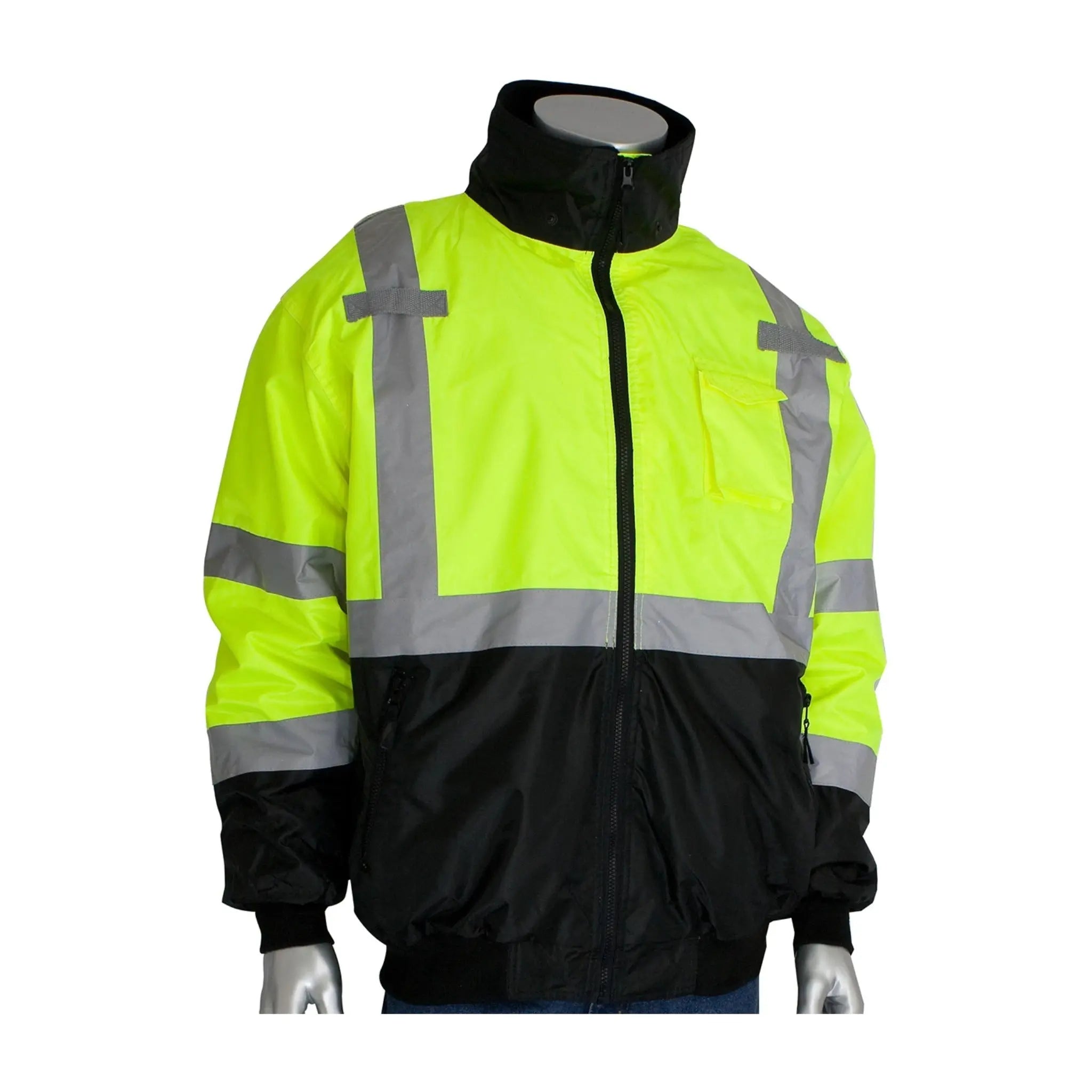 PIP 333-1766-LY ANSI Type R Class 3 Value Black Bottom Bomber Jacket with Zip-Out Fleece Liner_Collar