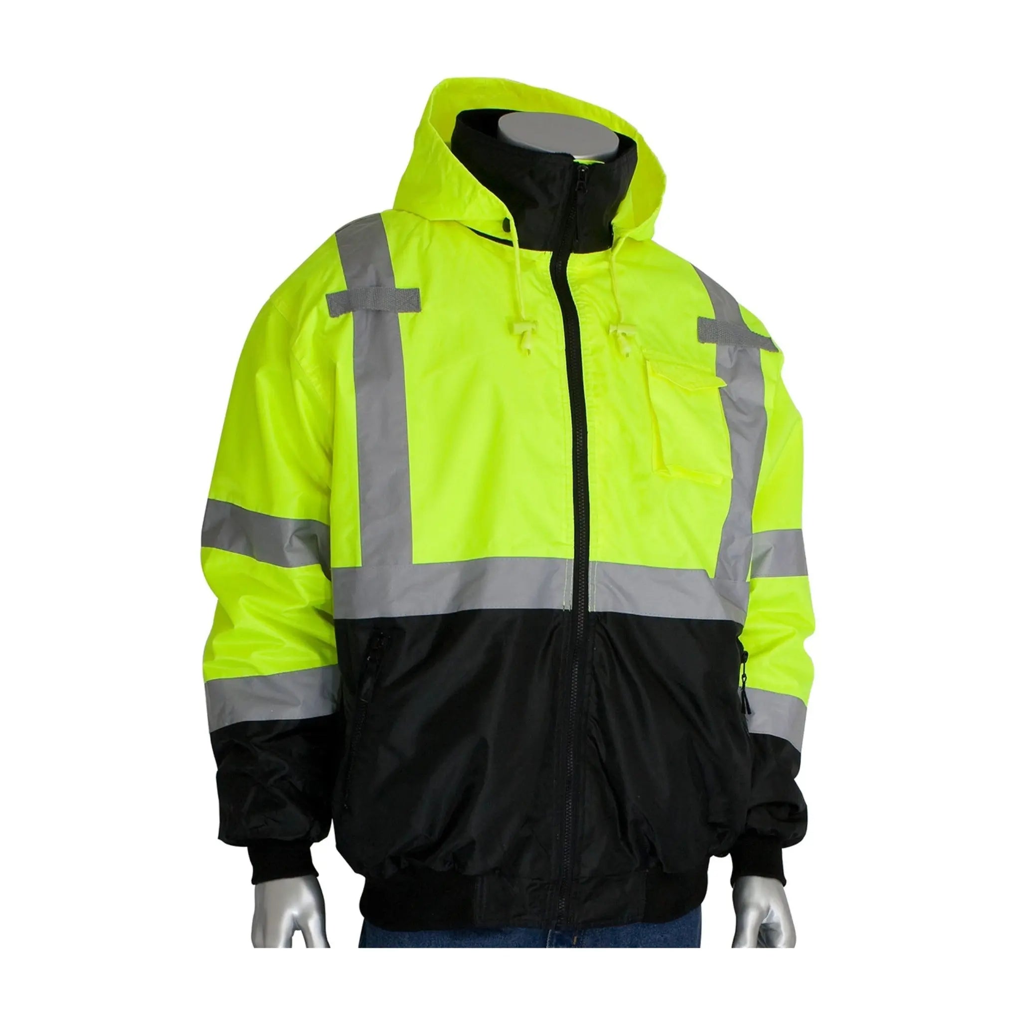 PIP 333-1766-LY ANSI Type R Class 3 Value Black Bottom Bomber Jacket with Zip-Out Fleece Liner_Hood_Closed