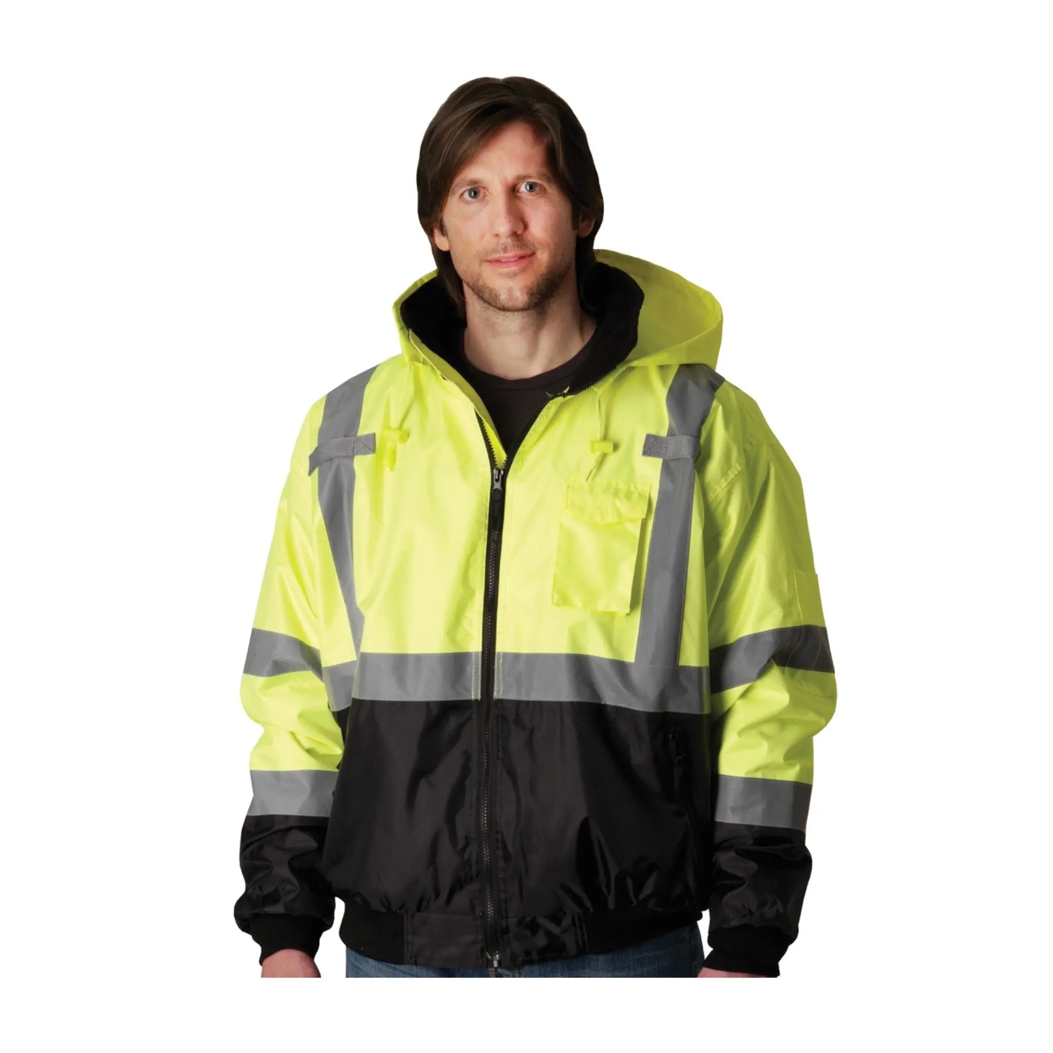 PIP 333-1766-LY ANSI Type R Class 3 Value Black Bottom Bomber Jacket with Zip-Out Fleece Liner_Model