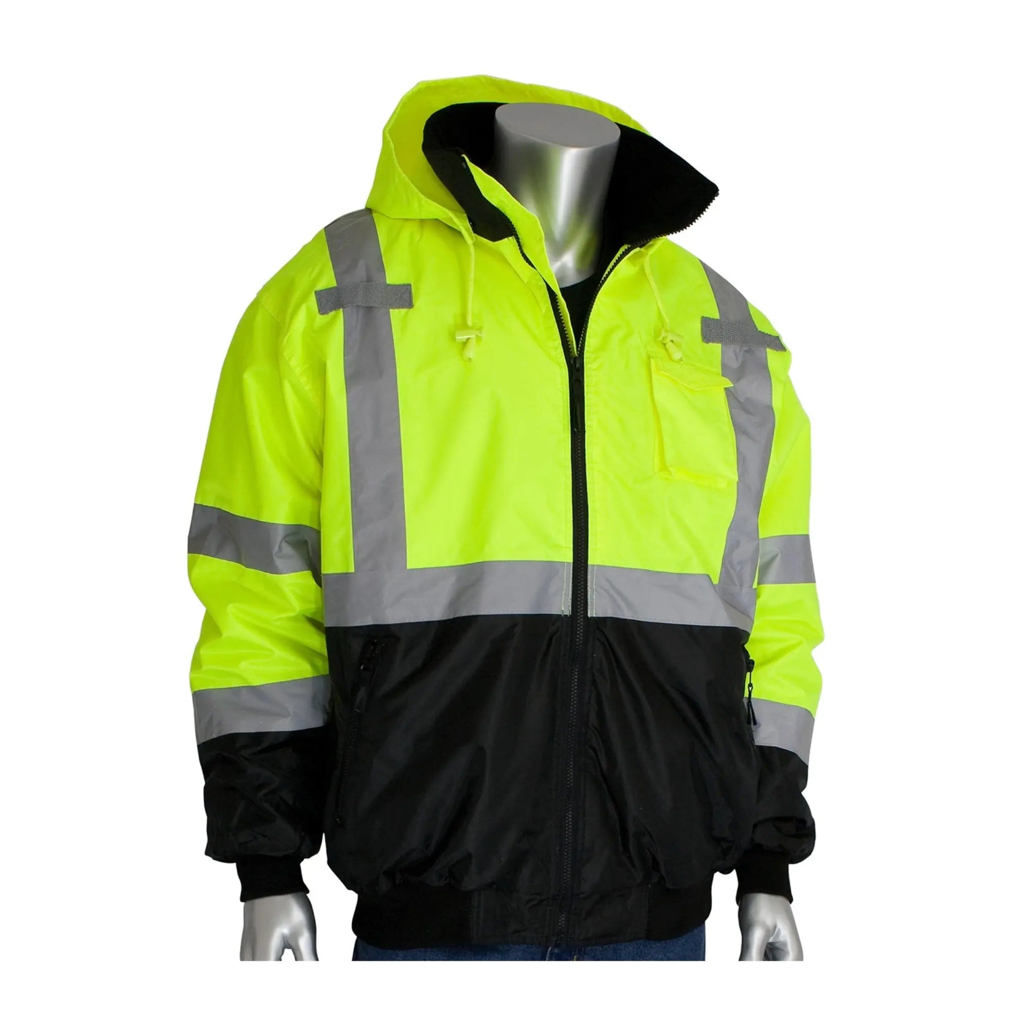 PIP 333-1766-LY ANSI Type R Class 3 Value Black Bottom Bomber Jacket with Zip-Out Fleece Liner_With_Hood