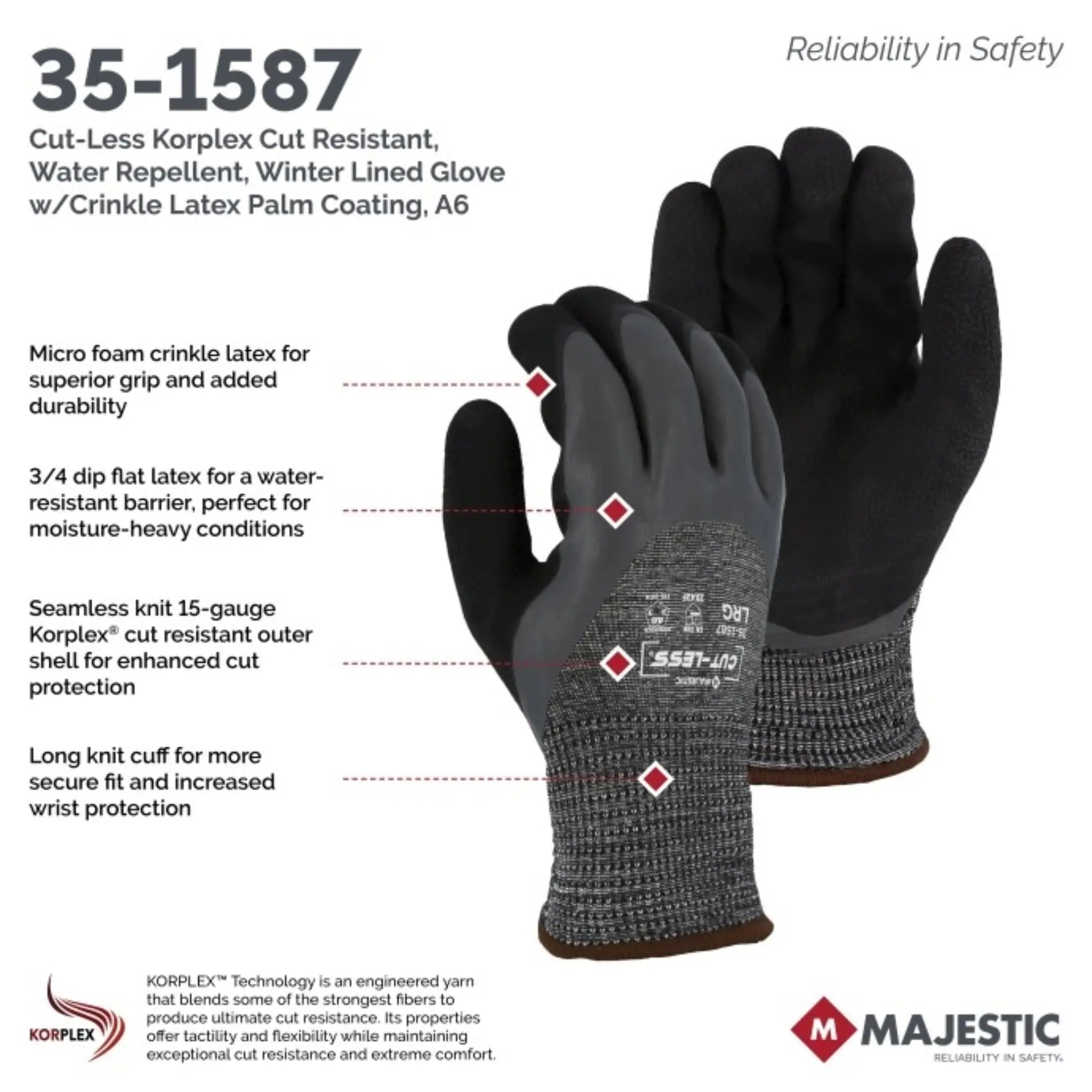 MAJESTIC GLOVE 35-1587 Cut-Less Korplex Cut Resistant, Water Repellent-Spec