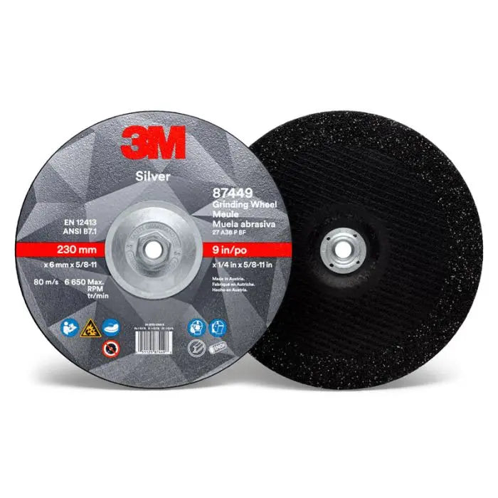 3M 87449 Silver Depressed Center Grinding Wheel, T27 Quick Change, 9 Inch Diameter, 36 Grit, Case Of 20