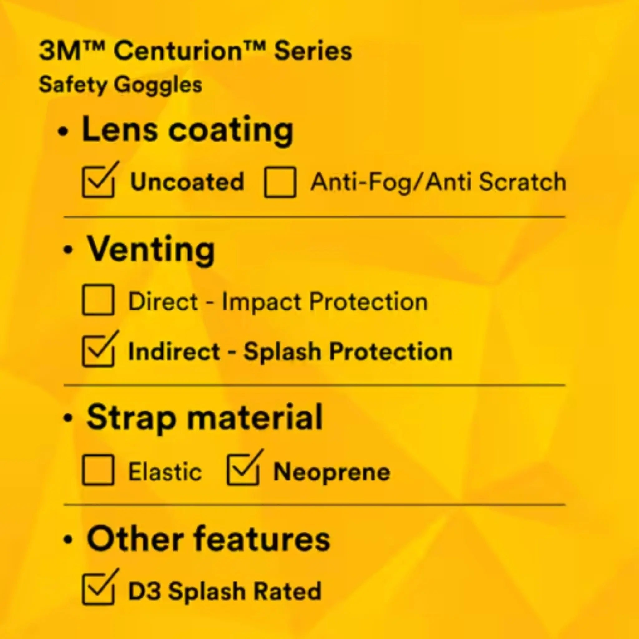 3M Centurion Splash Safety Goggles 454, 40304-00000-10, Clear Lens, 10 ea/Case, Details_09