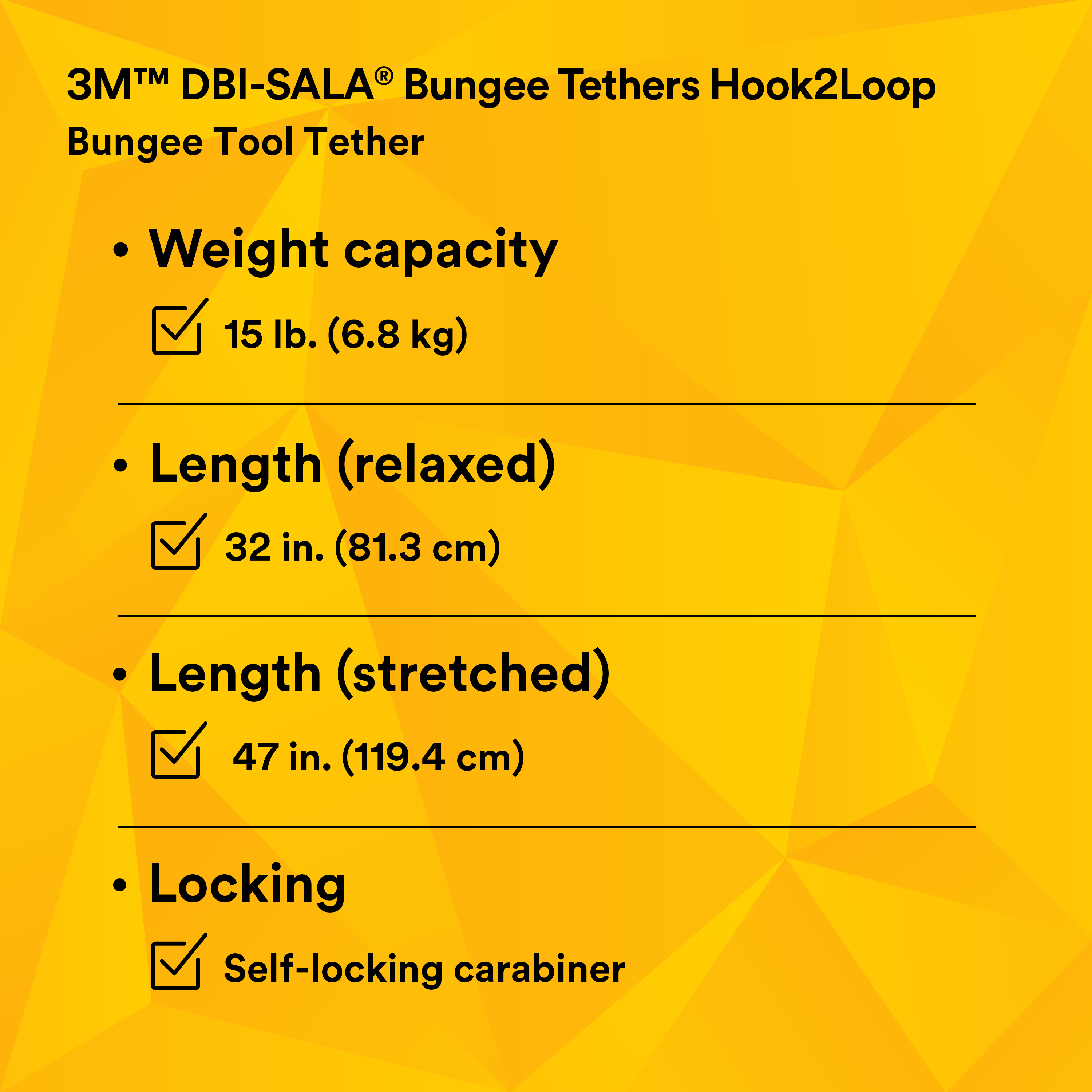 3M DBI-Sala 1500048 Hook2Loop Bungee Tether, Yellow, Pack of 10