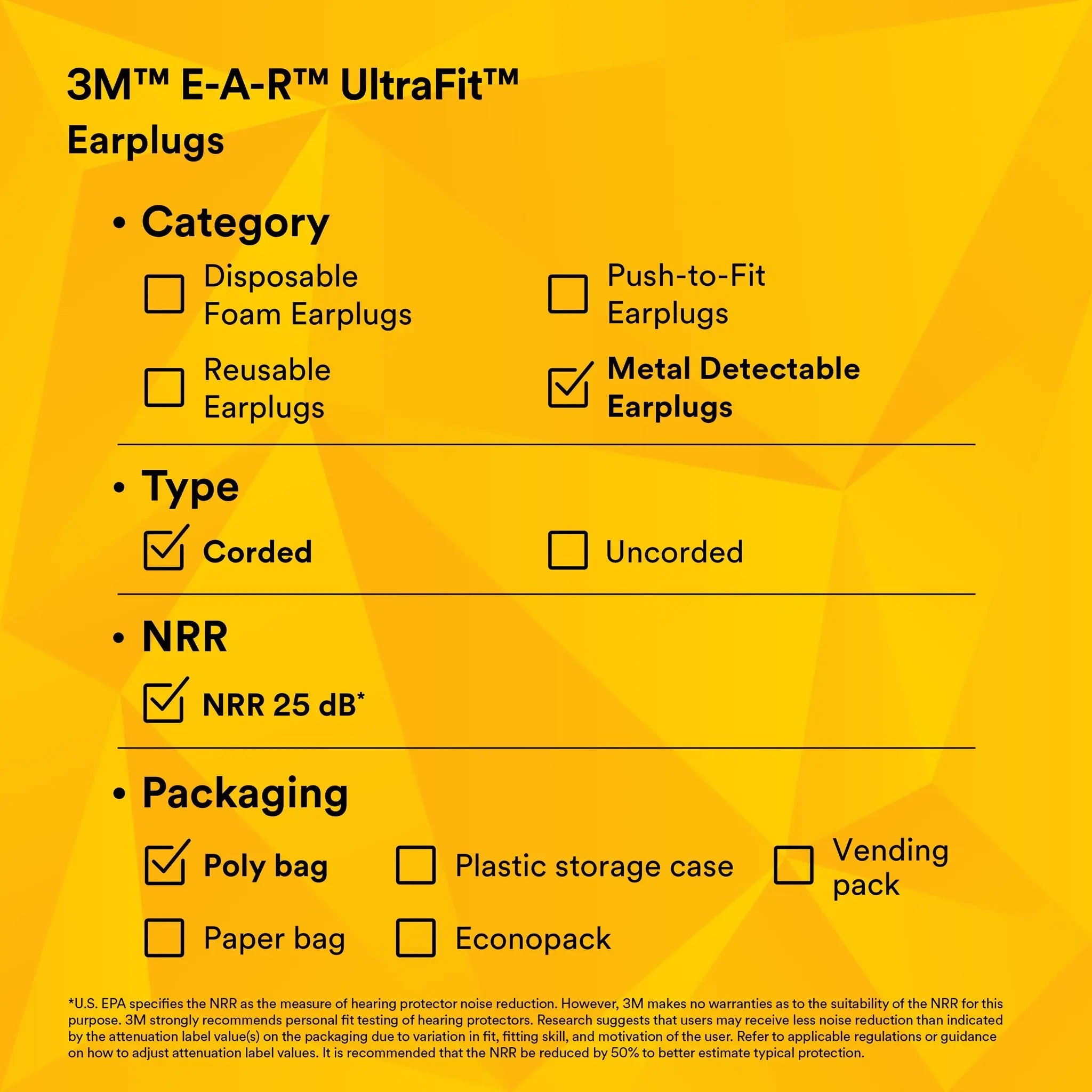 3M E-A-R UltraFit 340-4017 Earplugs, Metal Detectable, Corded, Econopack, Case of 2000 Pairs