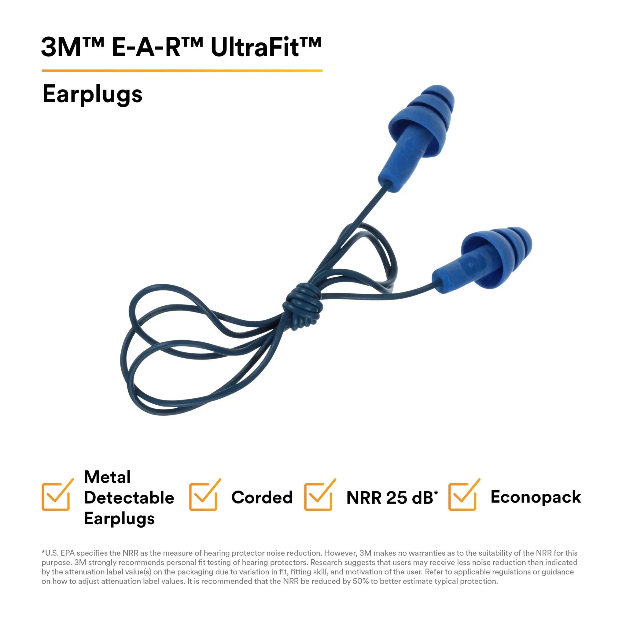 3M E-A-R UltraFit 340-4017 Earplugs, Metal Detectable, Corded, Econopack, Case of 2000 Pairs