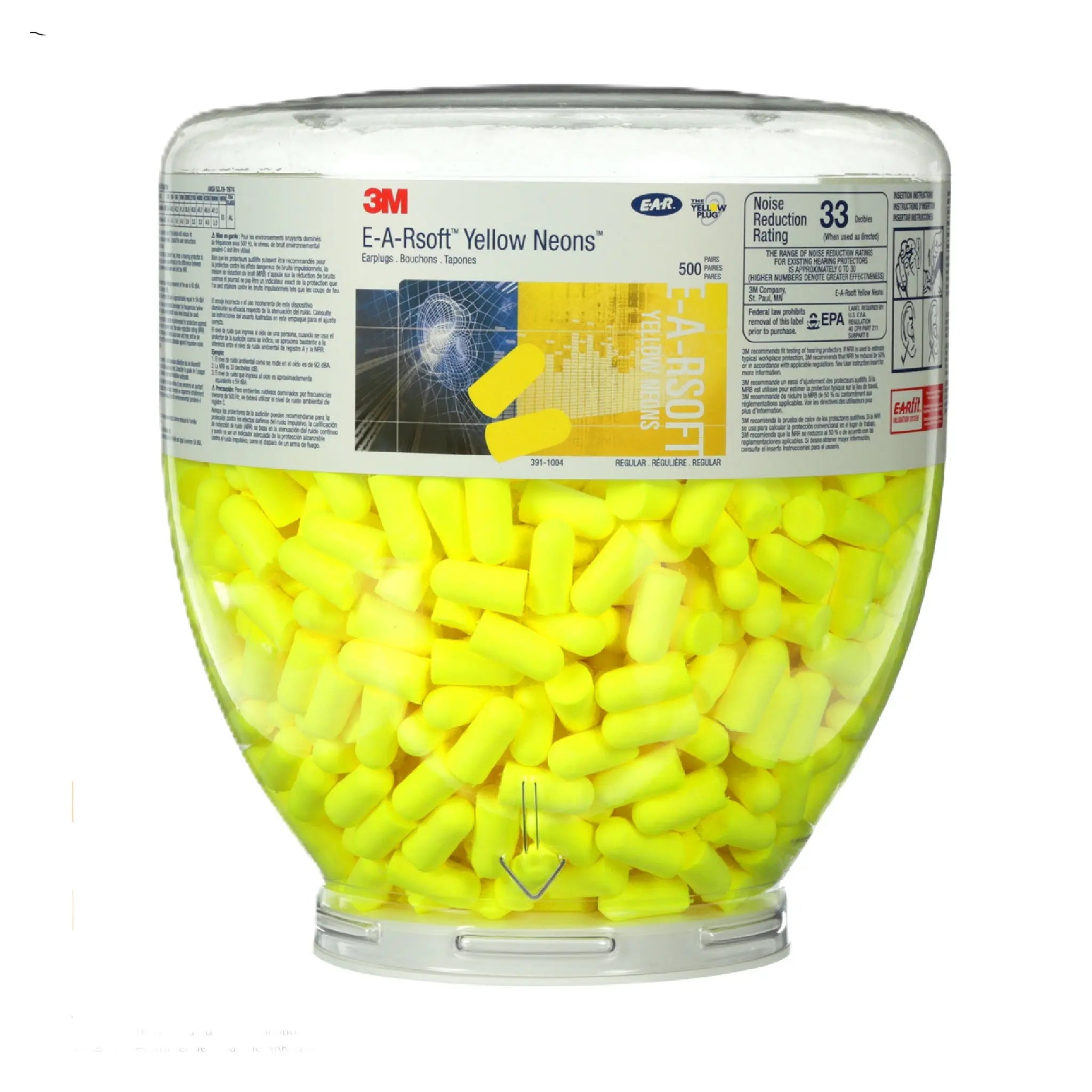 3M E-A-Rsoft Yellow Neons Earplugs 391-1005, Uncorded, in One Touch Dispenser Refill Bottle, Large Size, 1600 Pair/CaseÂ