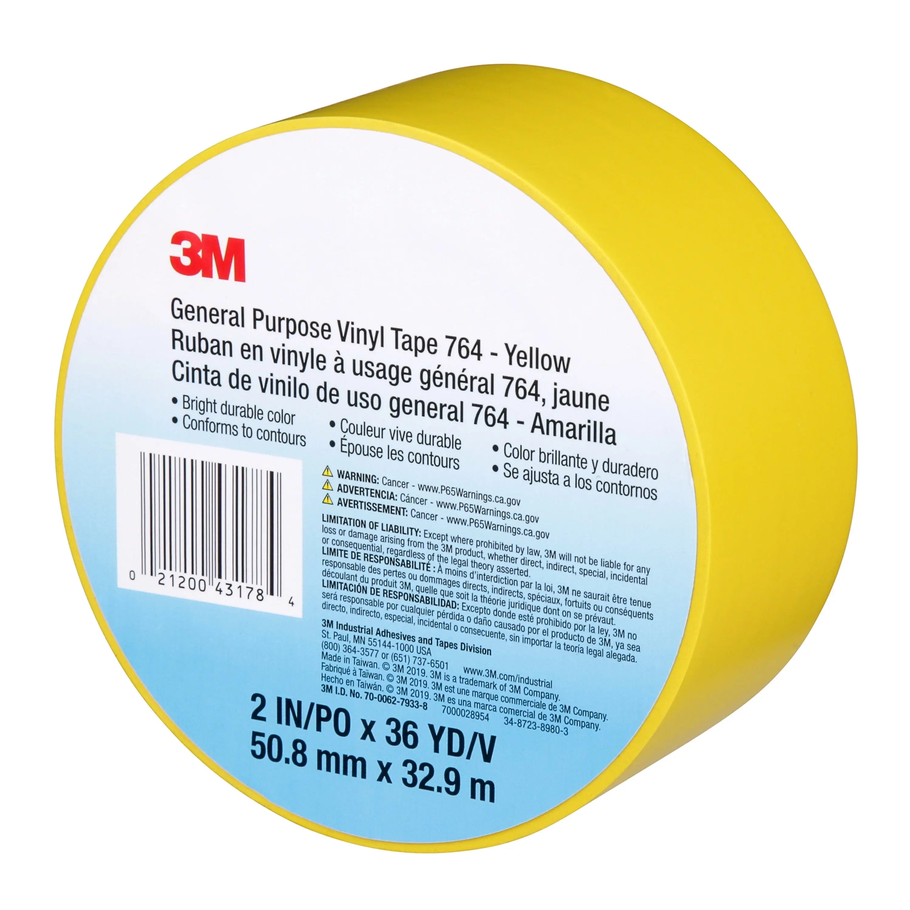 3M General Purpose Vinyl Tape 764, 5 mil, Yellow, 2 in x 36 yd, 1 Roll
