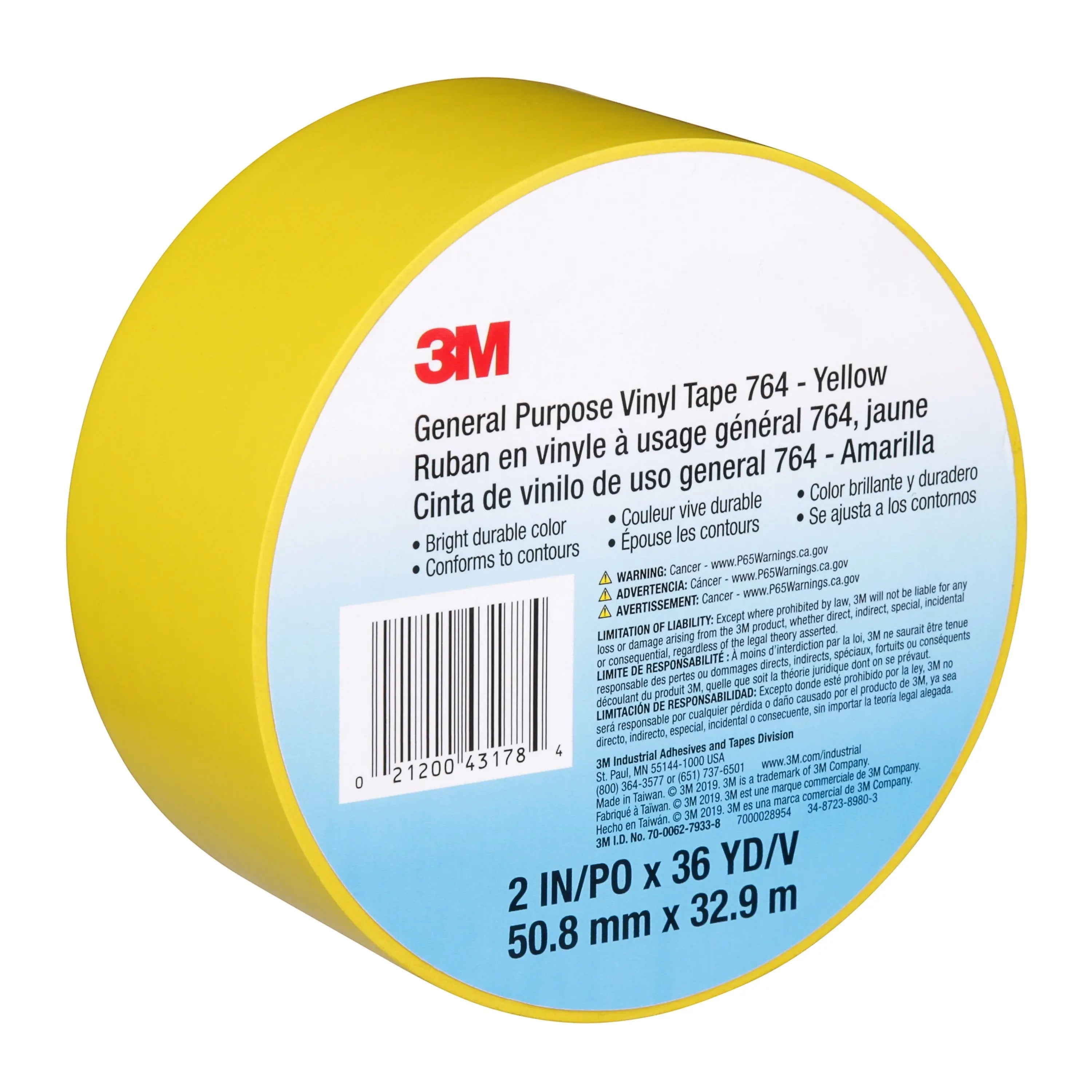 3M General Purpose Vinyl Tape 764, 5 mil, Yellow, 2 in x 36 yd, 1 Roll