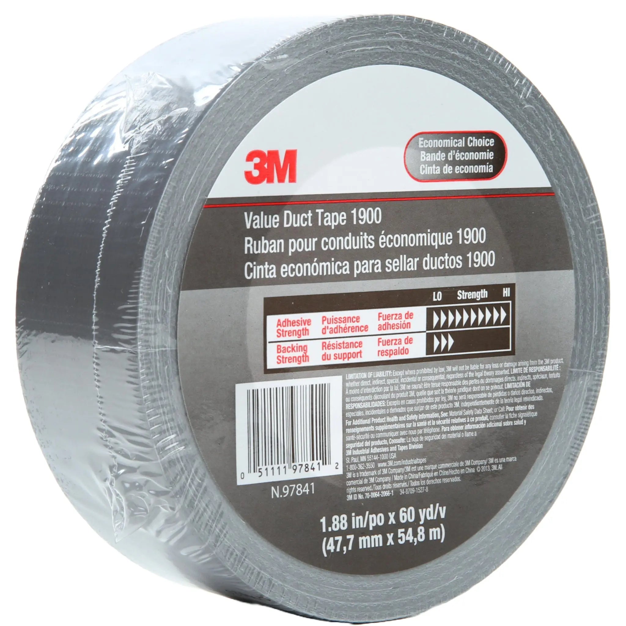 3M Value Duct Tape 1900 Silver 1.88 in x 60 yd 5.8 mil right side view