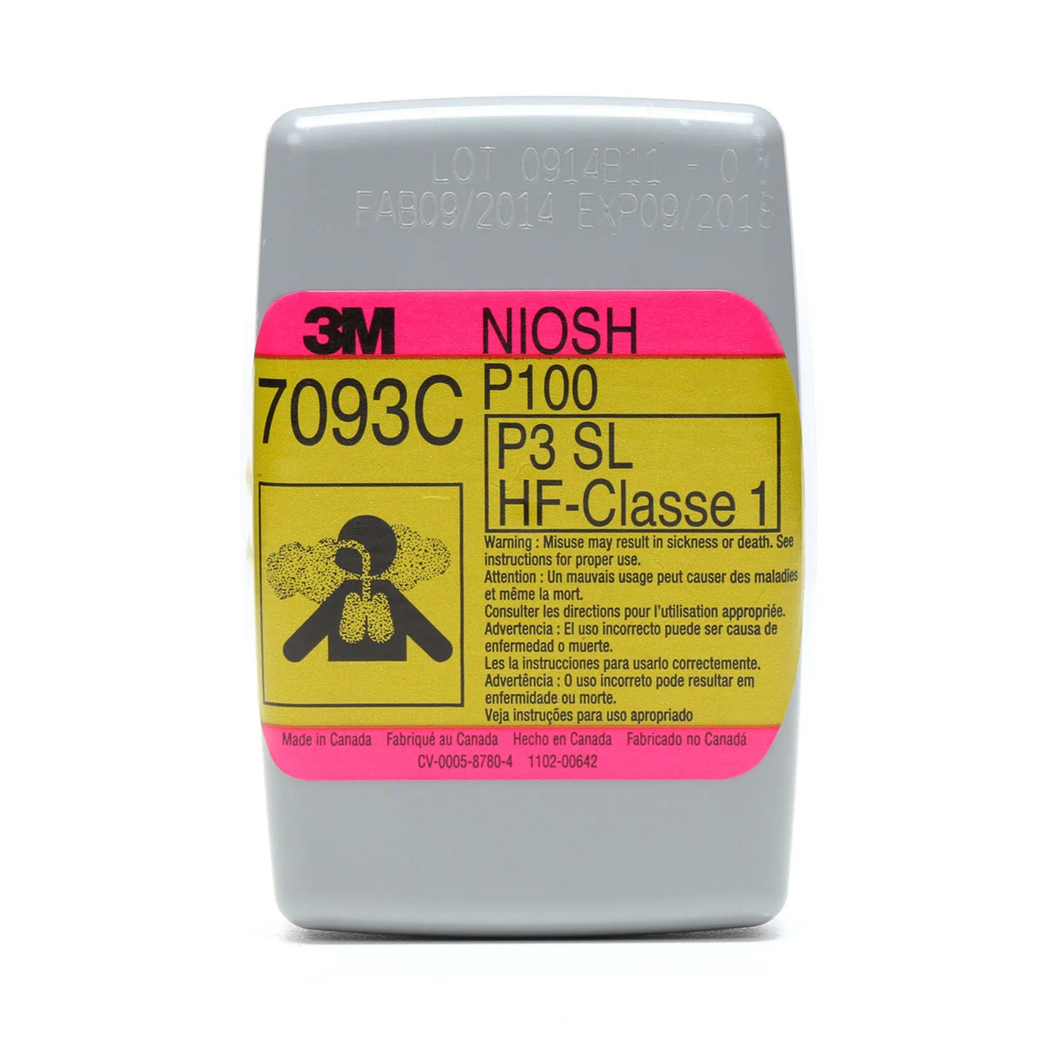 3M Hydrogen Fluoride Cartridge/Filter 7093C, P100, with Nuisance Level Organic Vapor and Acid Gas Relief, Front