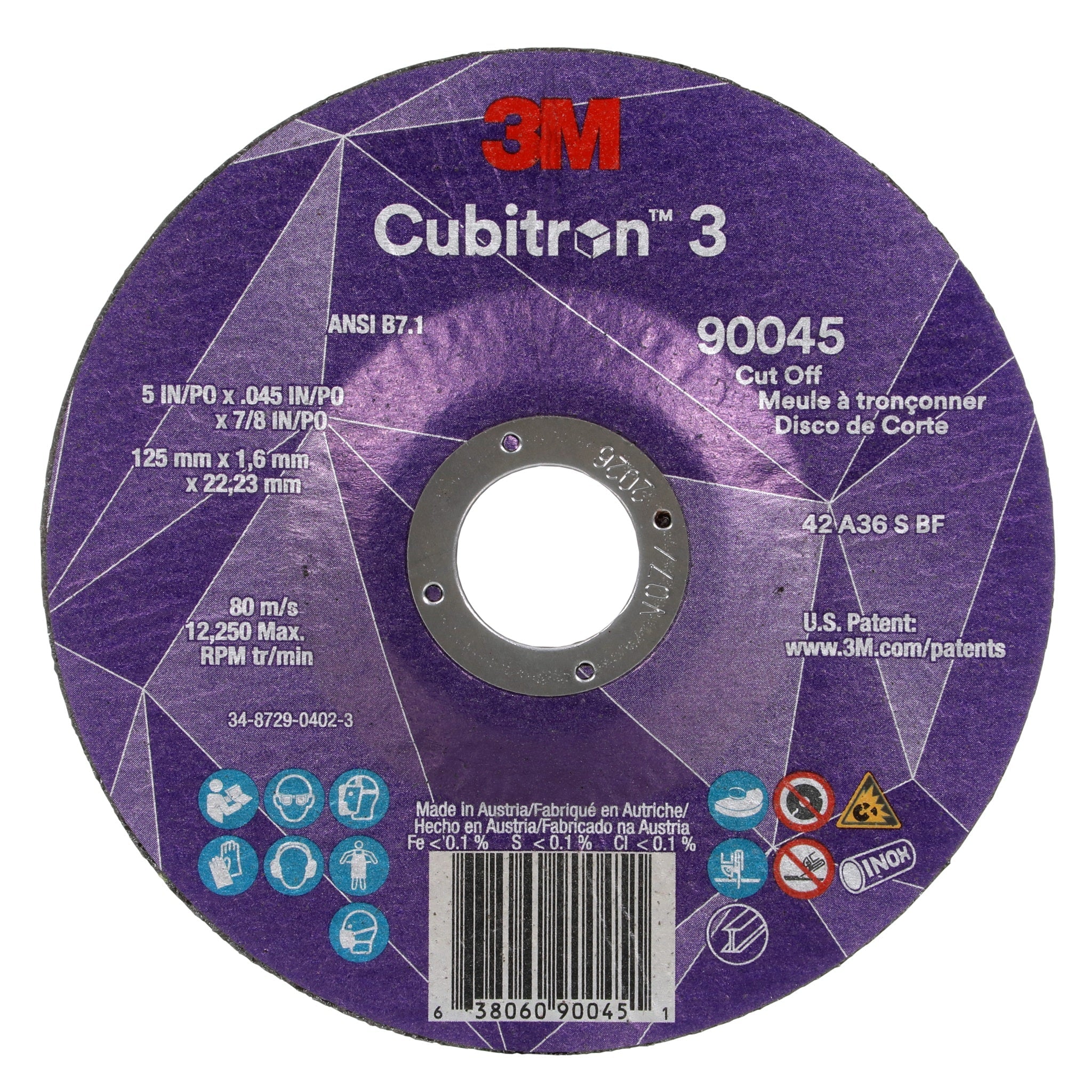 3M Cubitron 3 7100304010/90045 Cut-Off Wheel, 36+, T27, 5 in x 0.045 in x 7/8 in, 1 Each