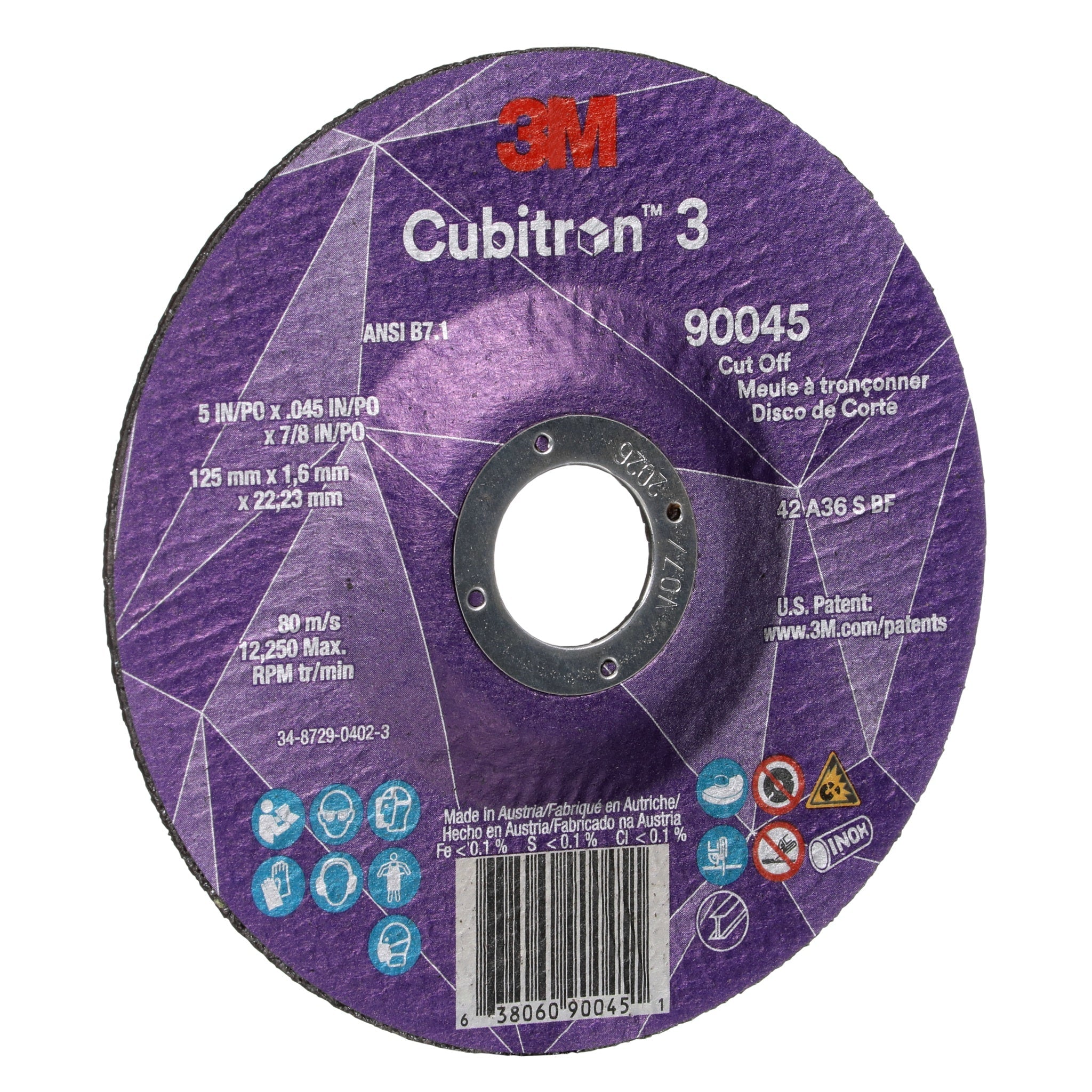 3M Cubitron 3 7100304010/90045 Cut-Off Wheel, 36+, T27, 5 in x 0.045 in x 7/8 in, 1 Each