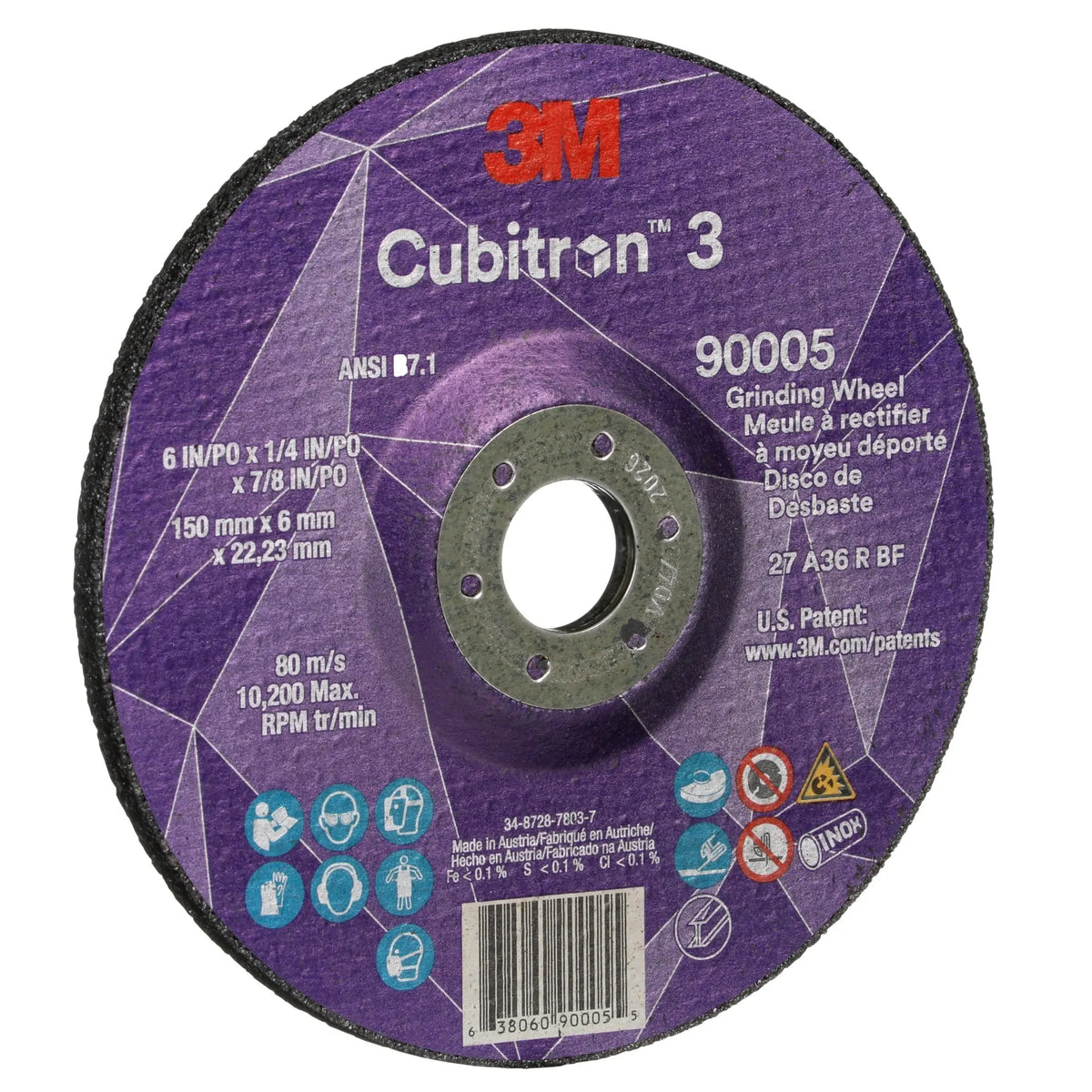 3M Cubitron 3 7100313193 Depressed Center Grinding Wheel, 90005, 36+, T27, 6 in x 1/4 in x 7/8 in, ANSI , Left Side View
