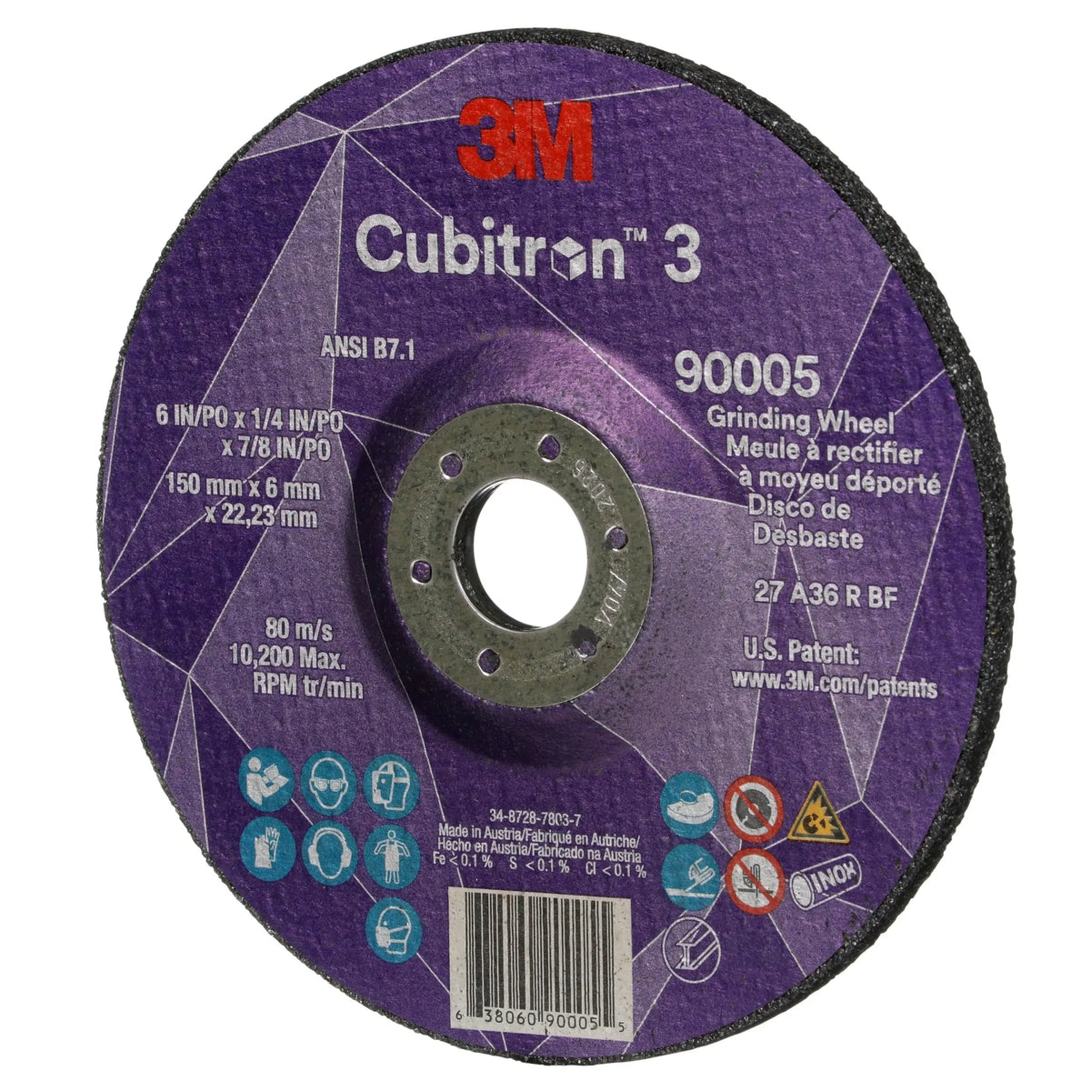 3M Cubitron 3 7100313193 Depressed Center Grinding Wheel, 90005, 36+, T27, 6 in x 1/4 in x 7/8 in, ANSI , Right Side View