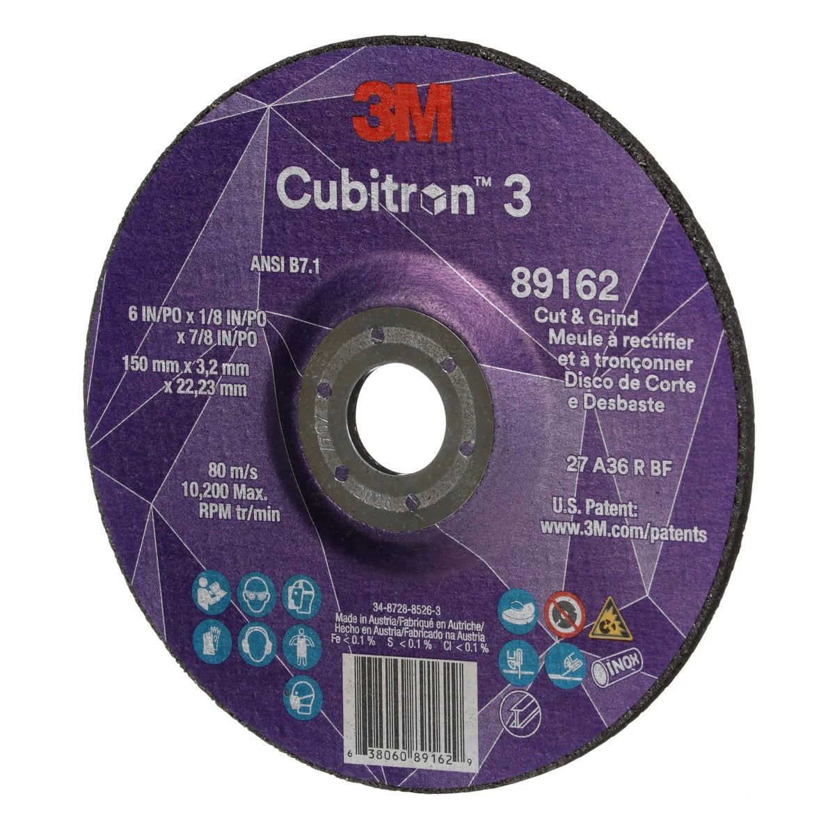 3M Cubitron 3 7100313586 Cut and Grind Wheel, 89162, 36+, T27, 6 in x 1/8 in x 7/8 in, ANSI, right side view
