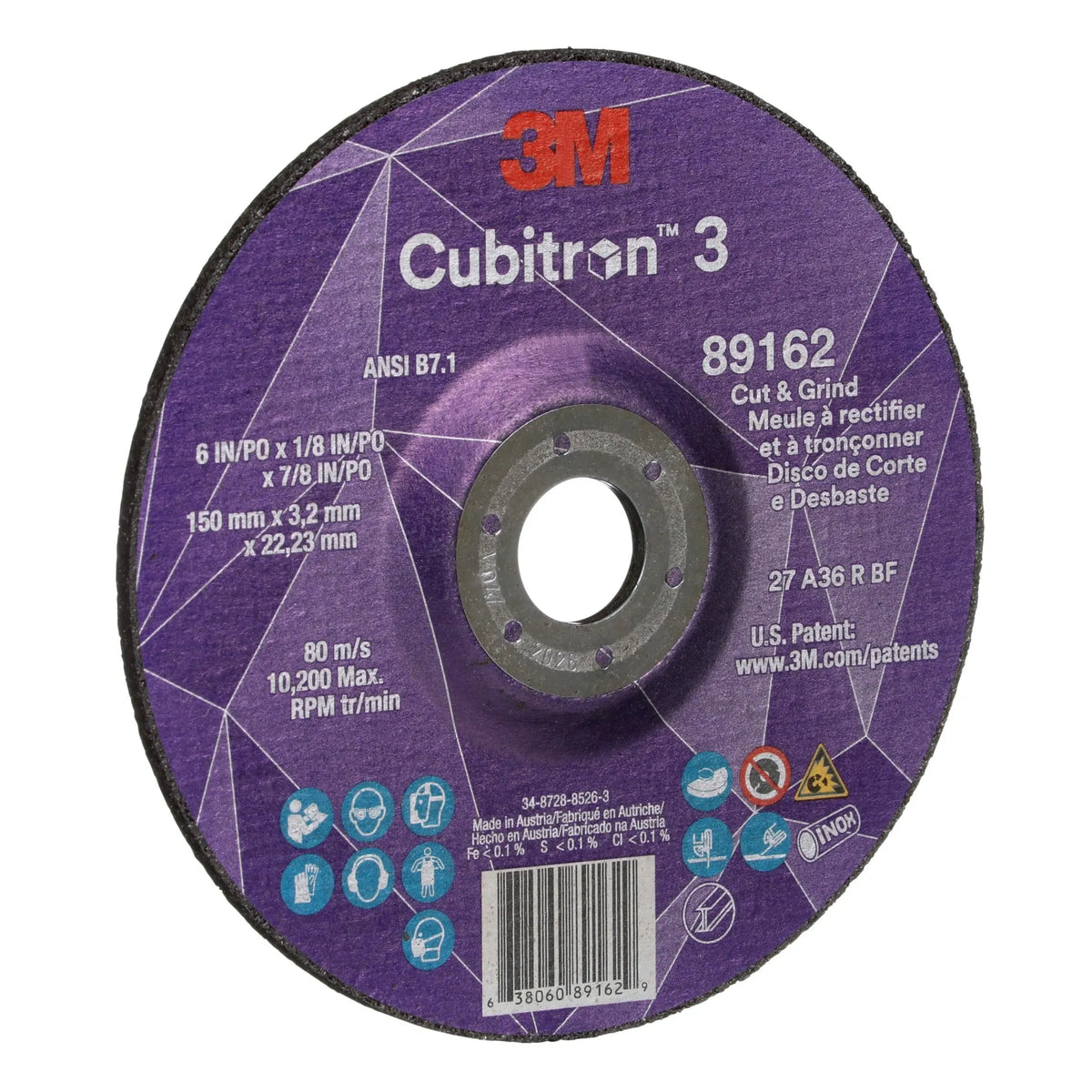 3M Cubitron 3 7100313586 Cut and Grind Wheel, 89162, 36+, T27, 6 in x 1/8 in x 7/8 in, ANSI, left side view